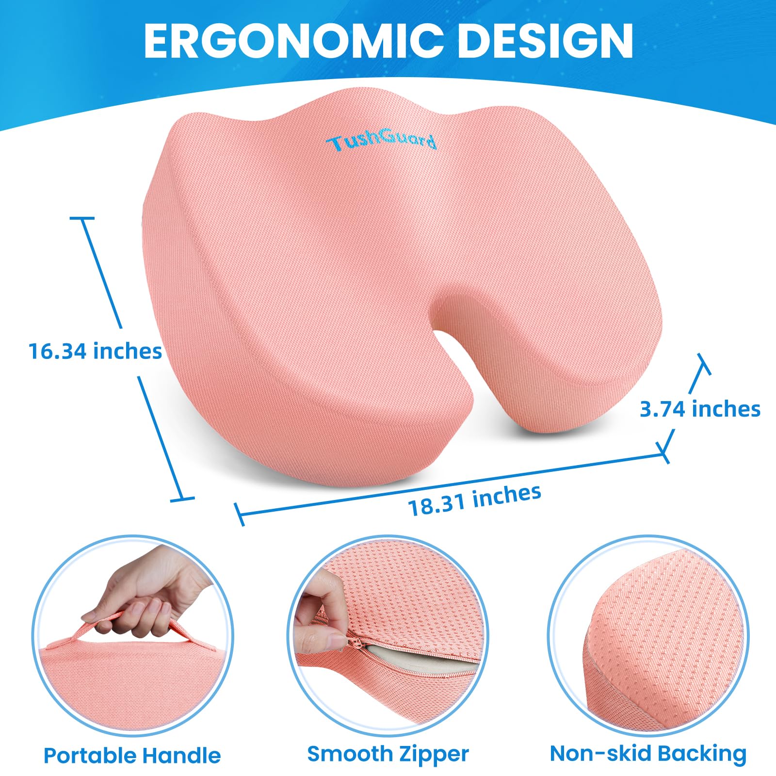 TushGuard Seat Cushion for Office Chair Memory Foam Non-Slip Cushion Back, Relief Chair Pad, Butt Pillow for Office Chair, Car, Computer Desk, Black