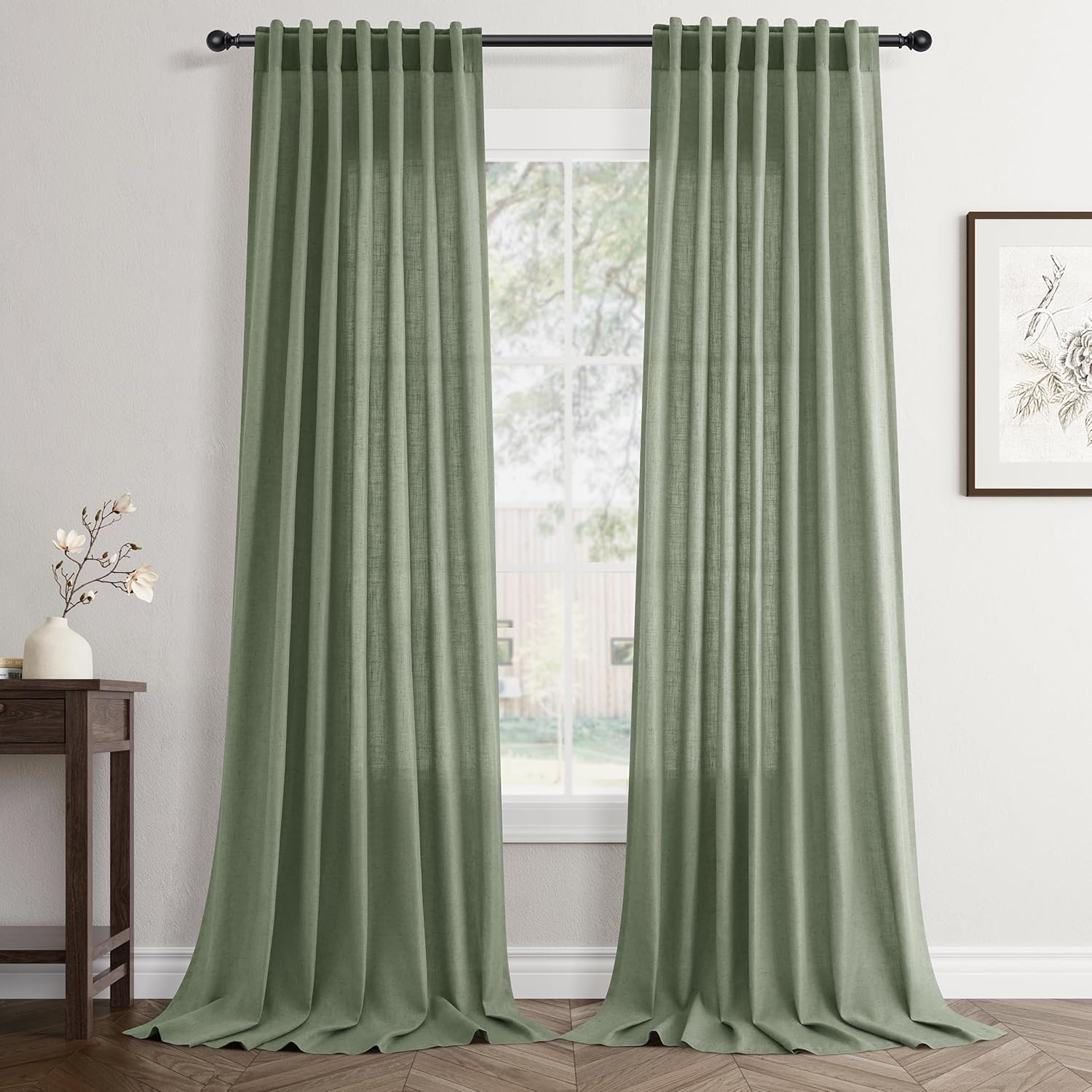 Rustic Brown Linen Back Tab Curtains 84 Inch Length for Living Room 2 Panel Pocket Drape Light Filtering Semi Sheer Cream Country Rustic Farmhouse Boho Curtain Bedroom Pinch Pleated Look