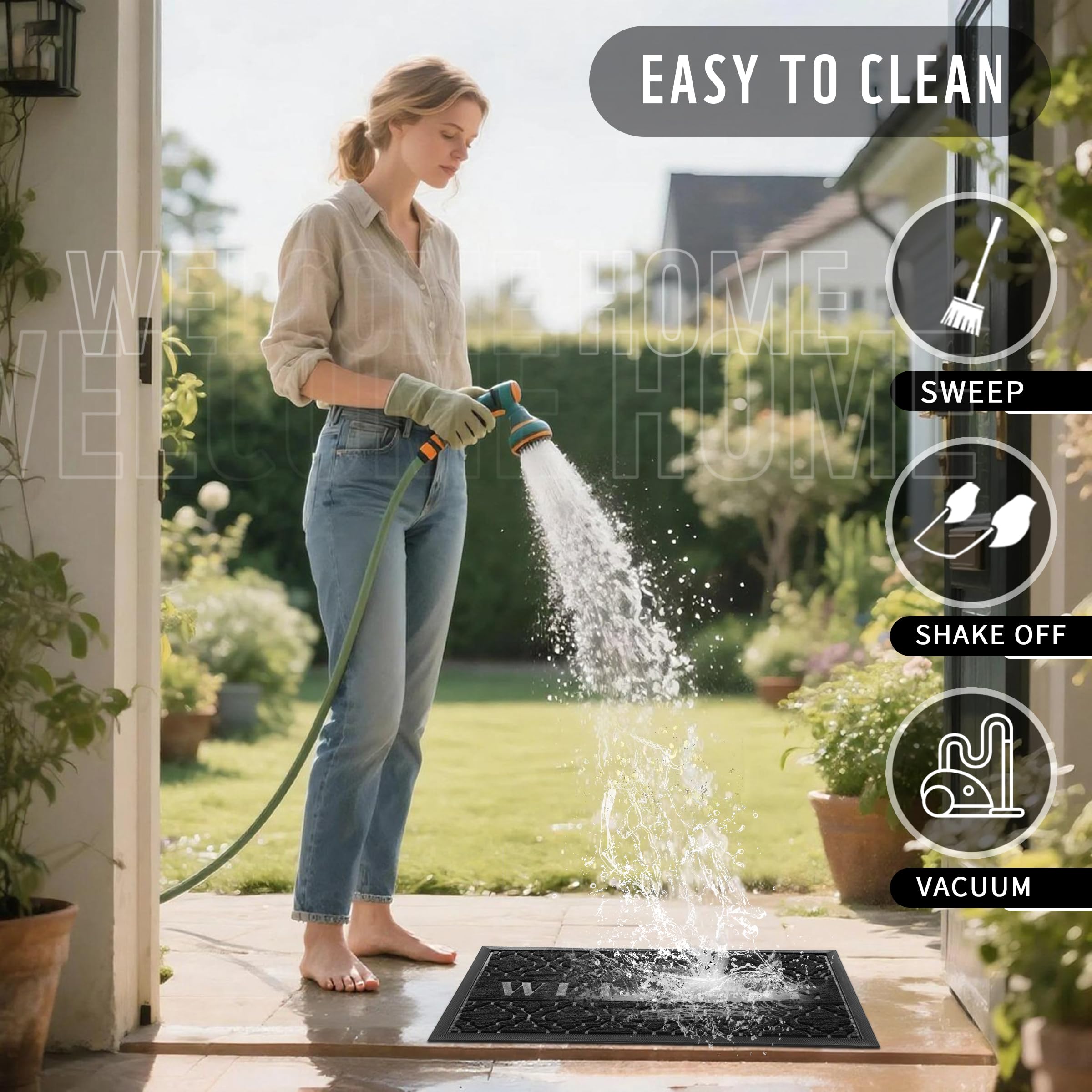 Yimobra Welcome Mat Outdoor Indoor, All-Weather Waterproof Front Door Mat Outside Entrance, Non-Slip Low Profile Porch Patio Doormat, 29.5x17, Black