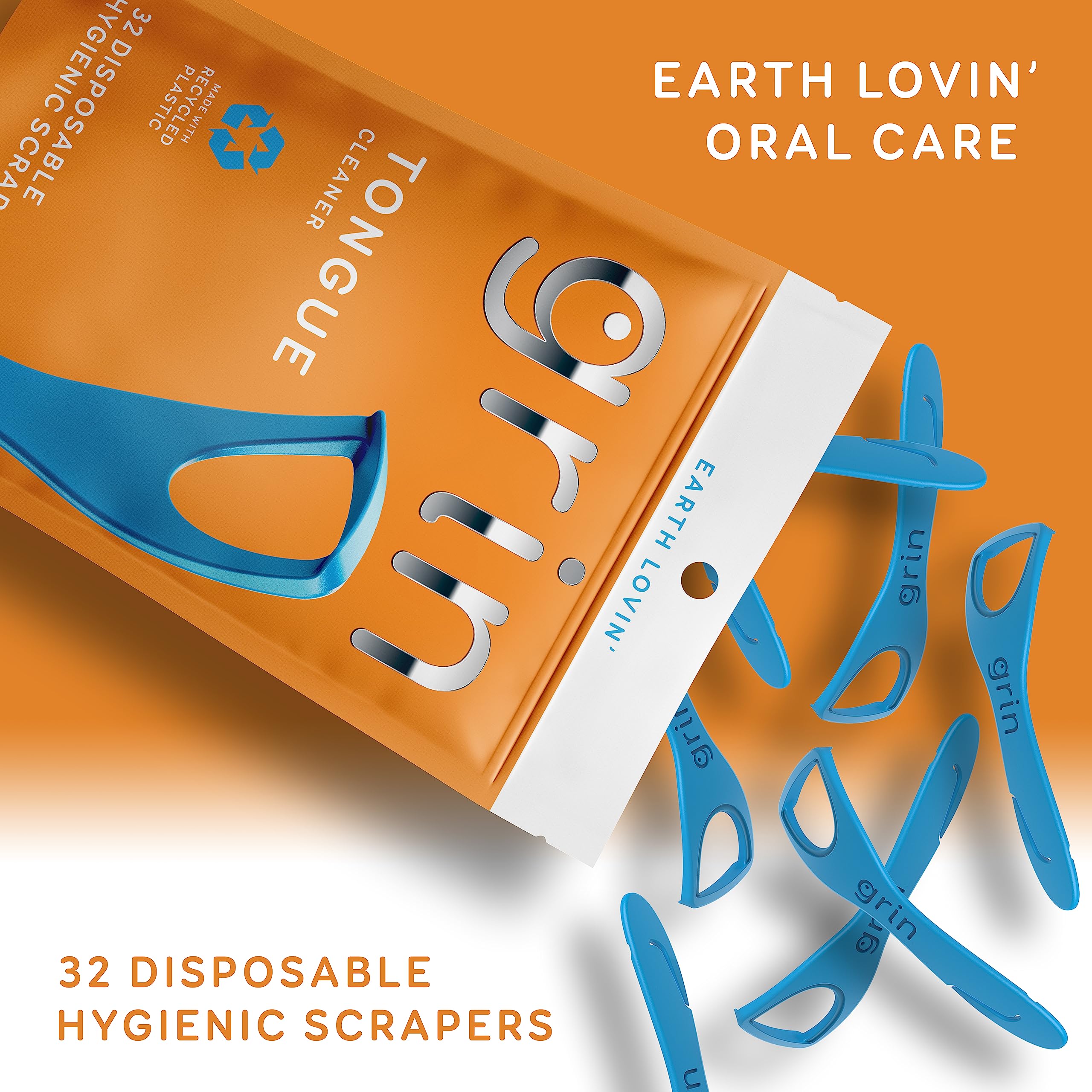 GRIN Tongue Cleaner, 32 Count, Disposable Tongue Cleaner, Hygienic Scraper, Recycled Plastic, Clean Tongue, Promote Fresh Breath, Includes Safe Fold- Back Tooth Pick