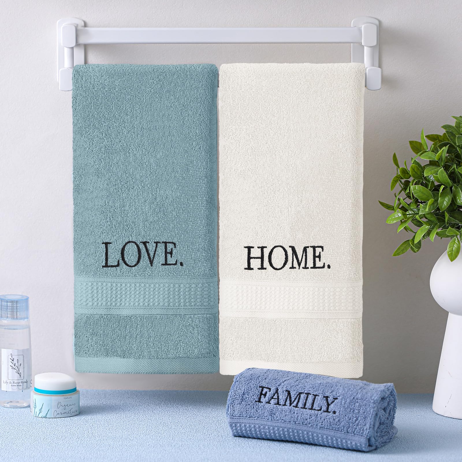3 Pcs Home Love Family Hand Towels Farmhouse Decorative Embroidered Bathroom Hand Towels Rustic 100% Cotton Brown Hand Towels Set for Boho Bathroom Kitchen Decor