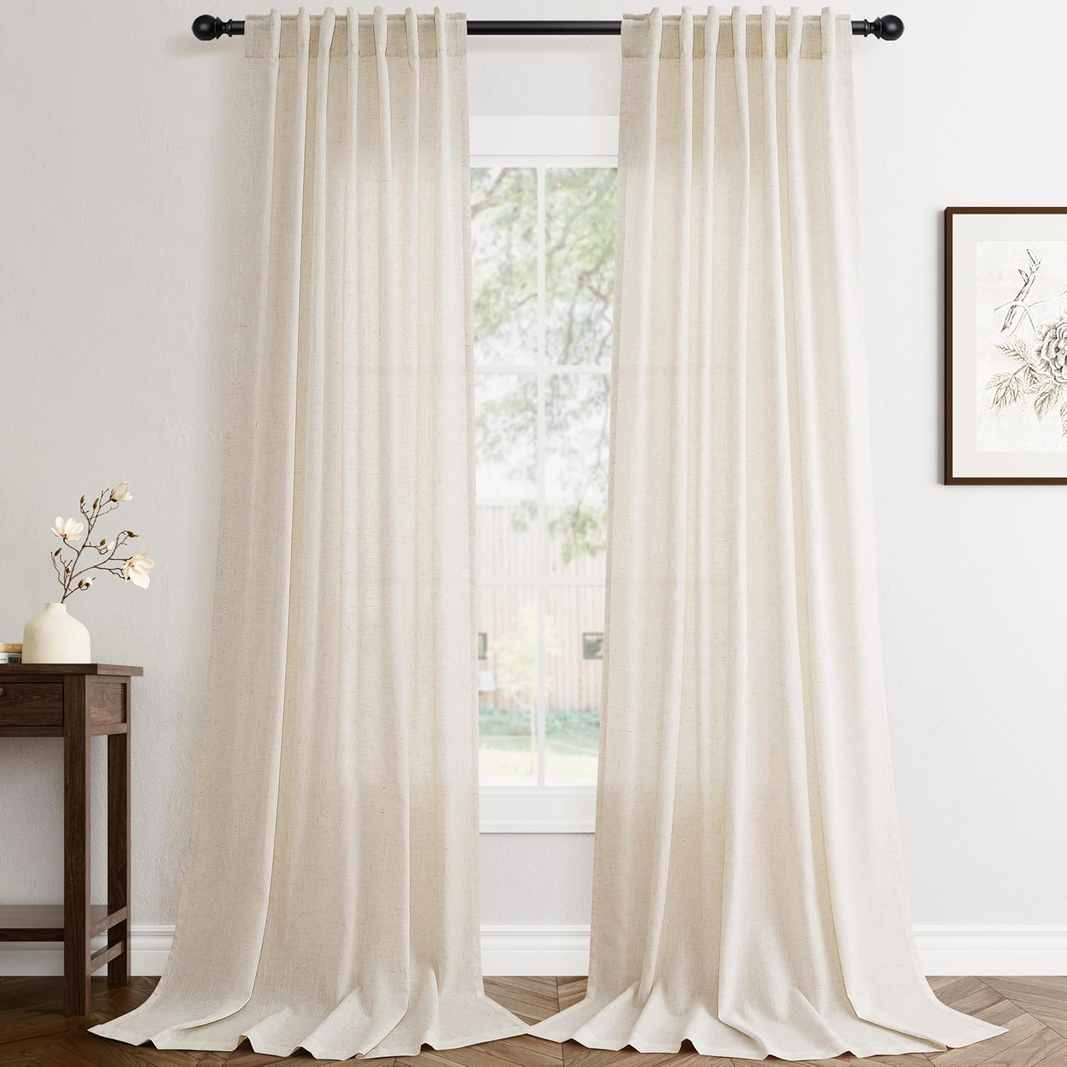 Rustic Brown Linen Back Tab Curtains 84 Inch Length for Living Room 2 Panel Pocket Drape Light Filtering Semi Sheer Cream Country Rustic Farmhouse Boho Curtain Bedroom Pinch Pleated Look