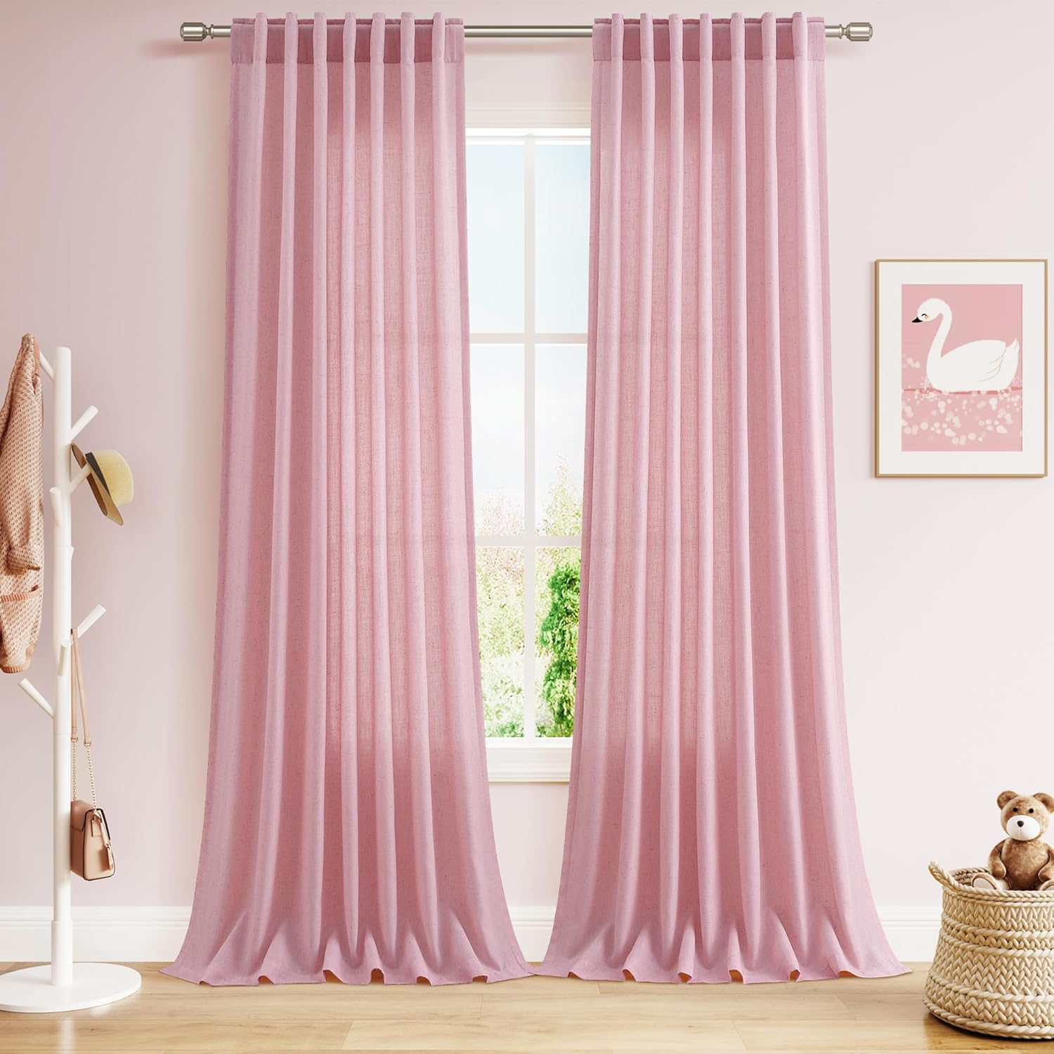 Nanspring Burgundy Linen Curtains 84 Inch Length 2 Panels Set for Living Room Rod Pocket Back Tab Light Filtering Window Drapes for Bedroom Dining Room Protect Privacy Modern Farmhouse Decor 52x84