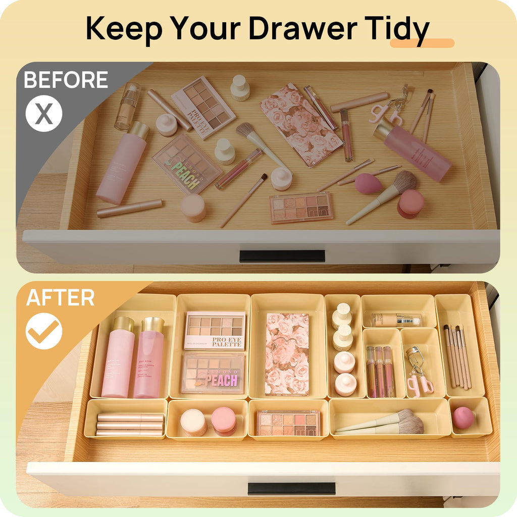 Vtopmart 25 PCS Clear Plastic Drawer Organizers Set, 4-Size Versatile Bathroom and Vanity Drawer Organizer Trays, Storage Bins for Makeup, Bedroom, Kitchen Gadgets Utensils and Office