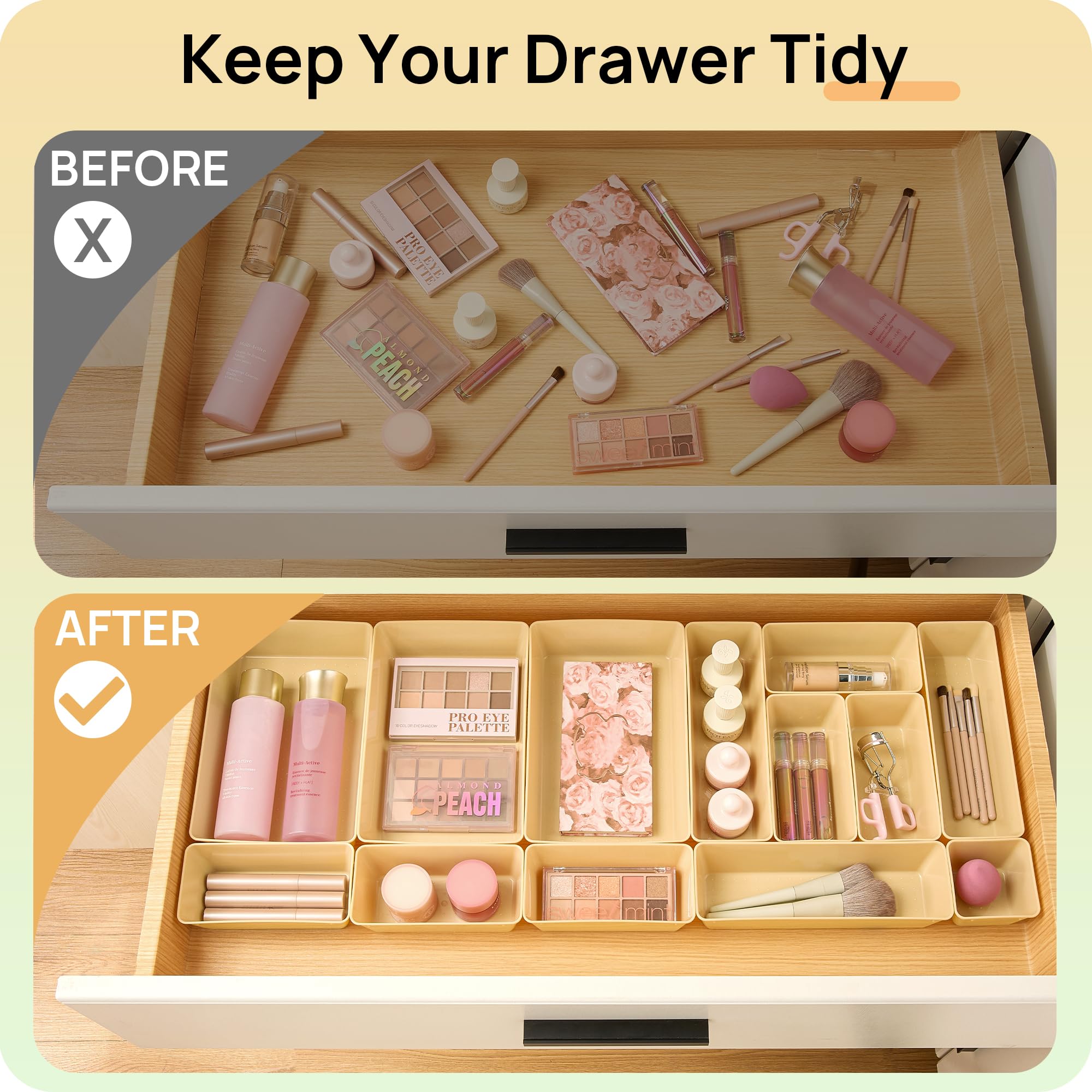 Vtopmart 25 PCS Clear Plastic Drawer Organizers Set, 4-Size Versatile Bathroom and Vanity Drawer Organizer Trays, Storage Bins for Makeup, Bedroom, Kitchen Gadgets Utensils and Office