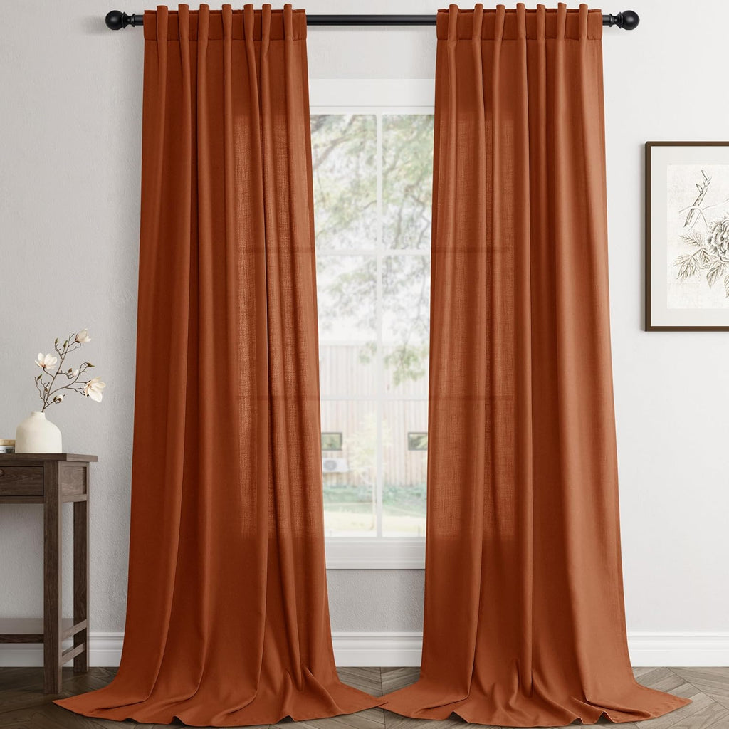 Rustic Brown Linen Back Tab Curtains 84 Inch Length for Living Room 2 Panel Pocket Drape Light Filtering Semi Sheer Cream Country Rustic Farmhouse Boho Curtain Bedroom Pinch Pleated Look