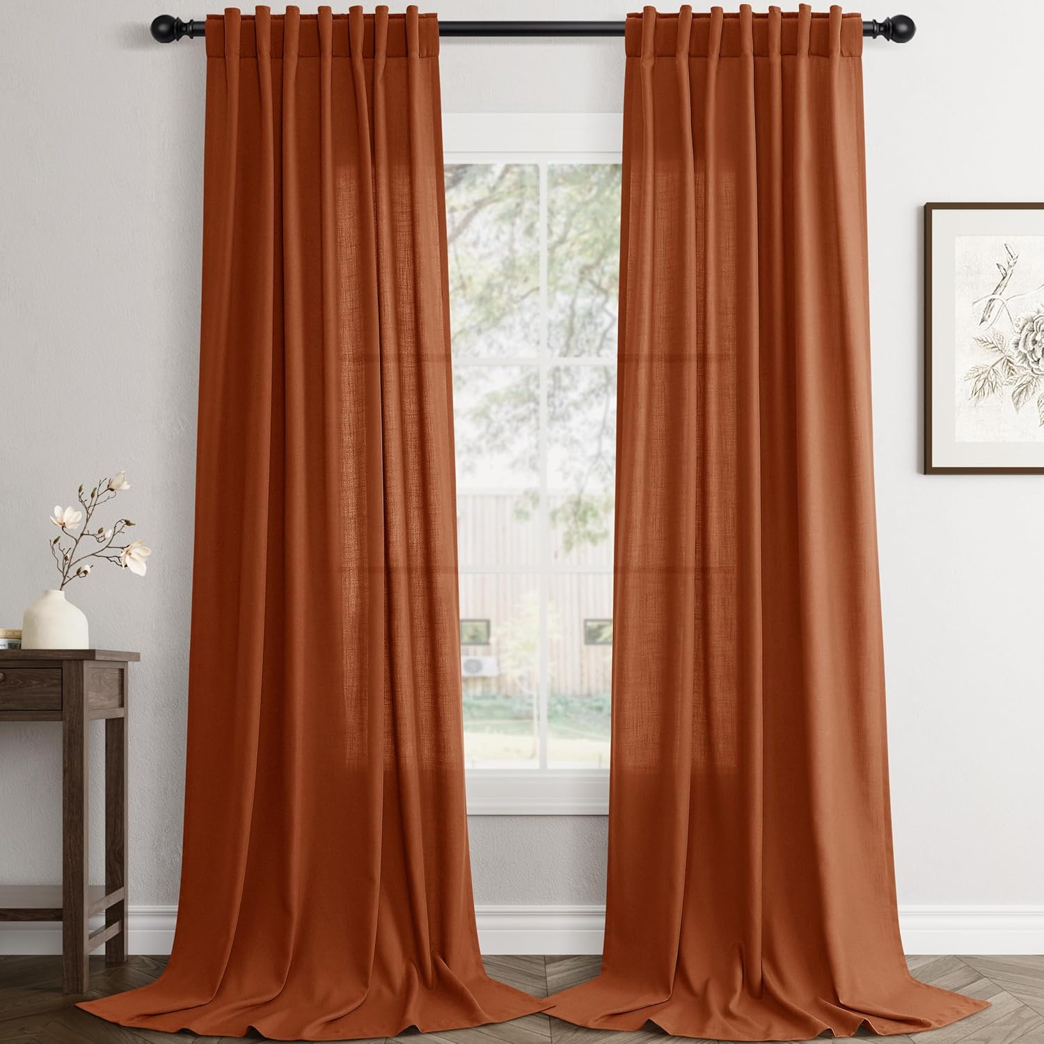 Rustic Brown Linen Back Tab Curtains 84 Inch Length for Living Room 2 Panel Pocket Drape Light Filtering Semi Sheer Cream Country Rustic Farmhouse Boho Curtain Bedroom Pinch Pleated Look