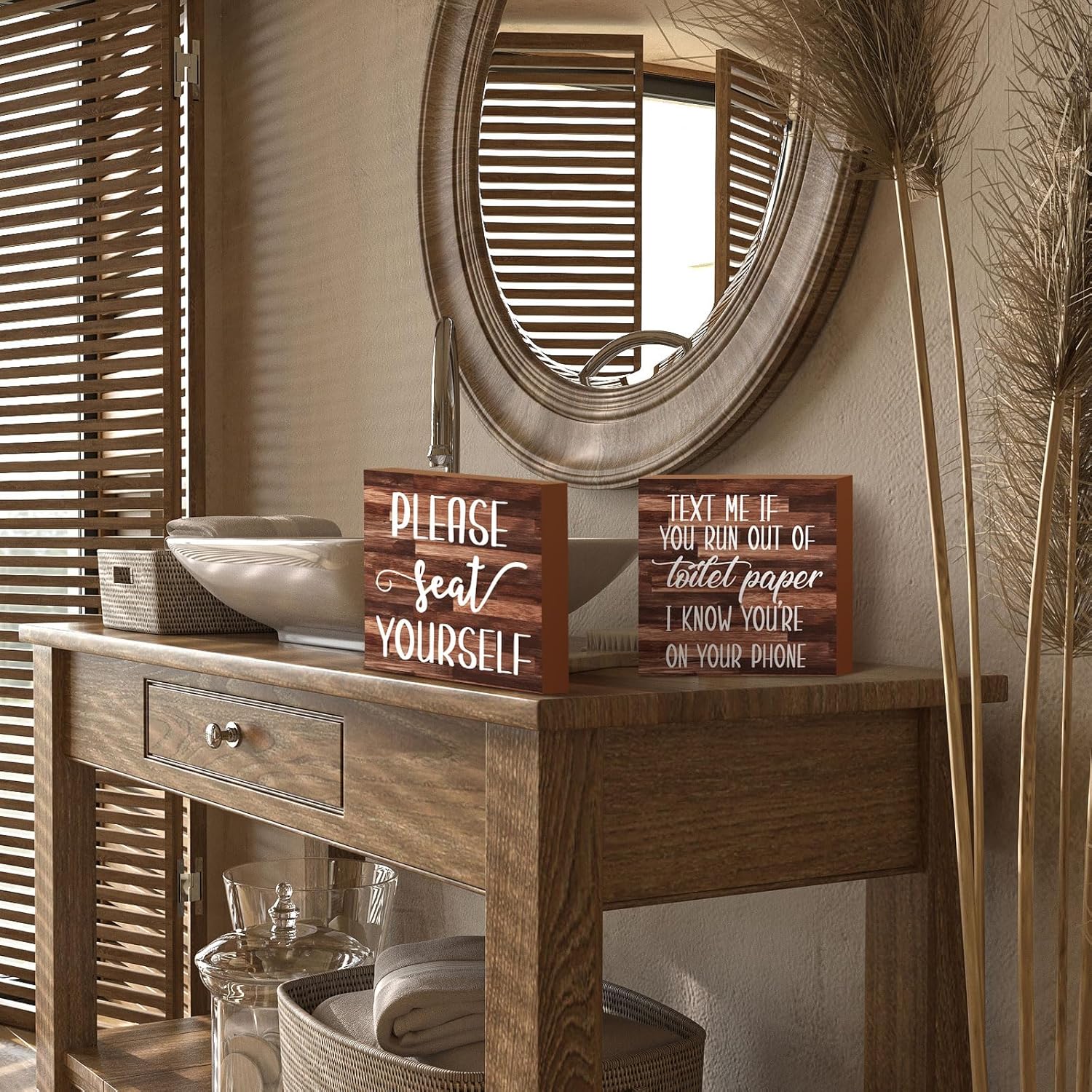 Jetec 2 Pieces Farmhouse Bathroom Signs Decor Wooden Box Sign Funny Bathroom Wall Art Rustic Wood Plaque Please Seat Yourself Decor for Home Restroom(Black)