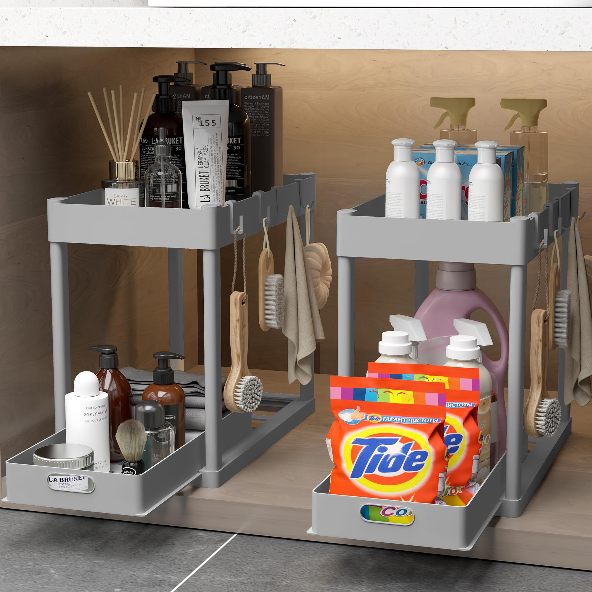 POUGNY 2 Pack Pull-Out Storage Organizers, Under Sink Organizer and Storage for Bathroom & Kitchen,Multi-Purpose Under Cabinet Organizers and storage Black