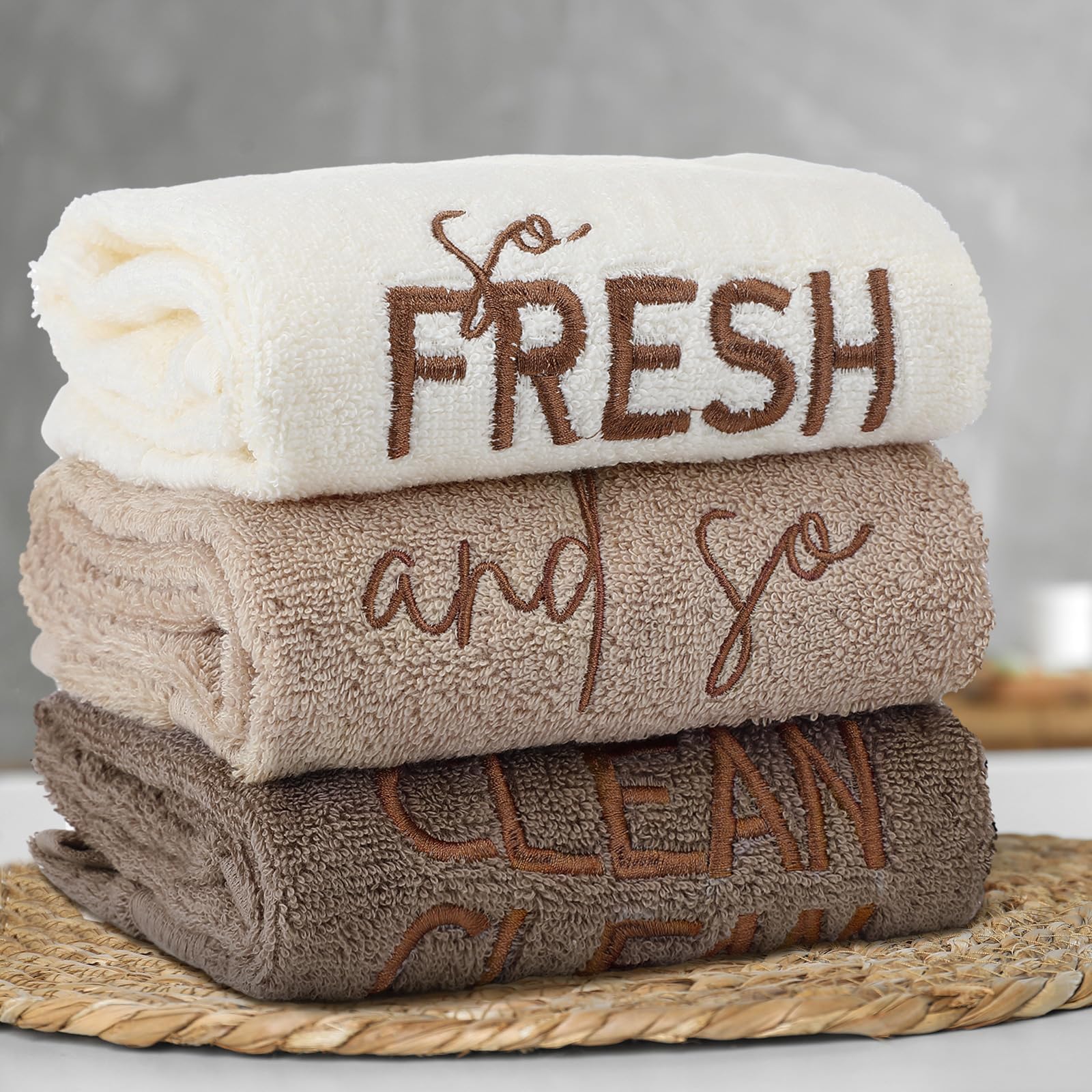 3 Pcs Home Love Family Hand Towels Farmhouse Decorative Embroidered Bathroom Hand Towels Rustic 100% Cotton Brown Hand Towels Set for Boho Bathroom Kitchen Decor
