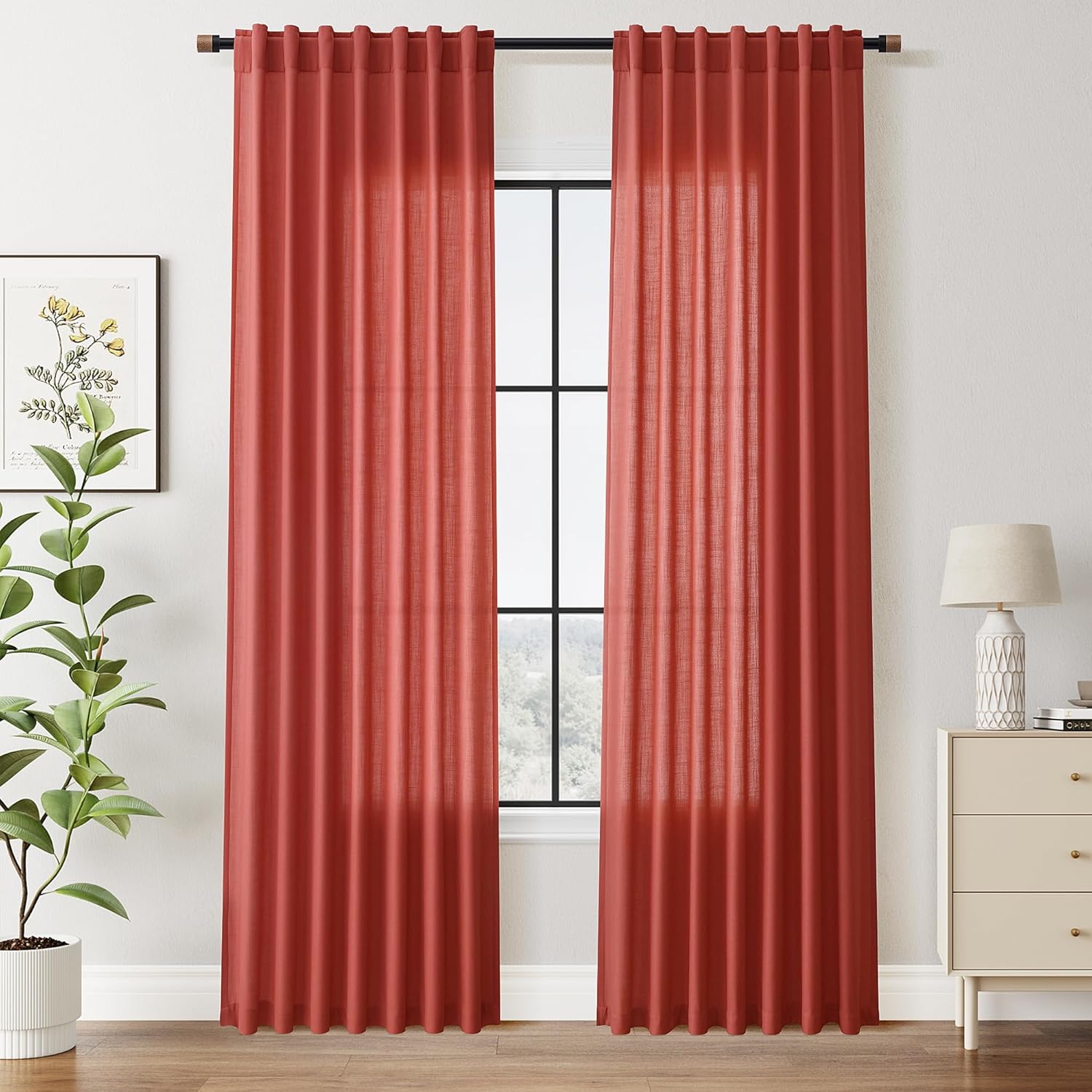 Nanspring Burgundy Linen Curtains 84 Inch Length 2 Panels Set for Living Room Rod Pocket Back Tab Light Filtering Window Drapes for Bedroom Dining Room Protect Privacy Modern Farmhouse Decor 52x84