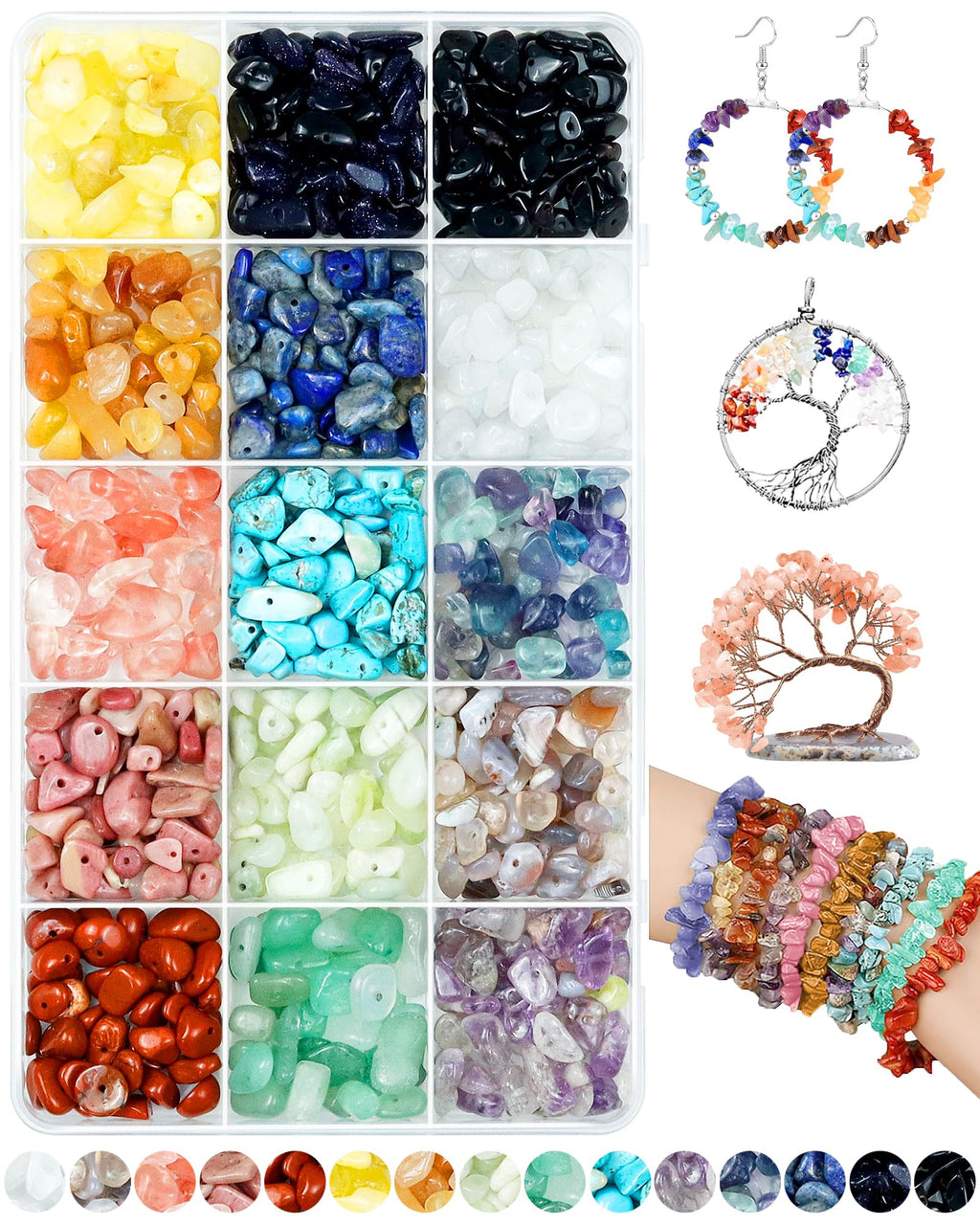 FIVEIZERO 600pcs Natural Chip Stone Beads 5-8mm - 15 Color Crystal Chip Beads for Jewelry Making, Valentine's Day Bracelet,DIY Irregular Gemstone Beads with Drilled Holes