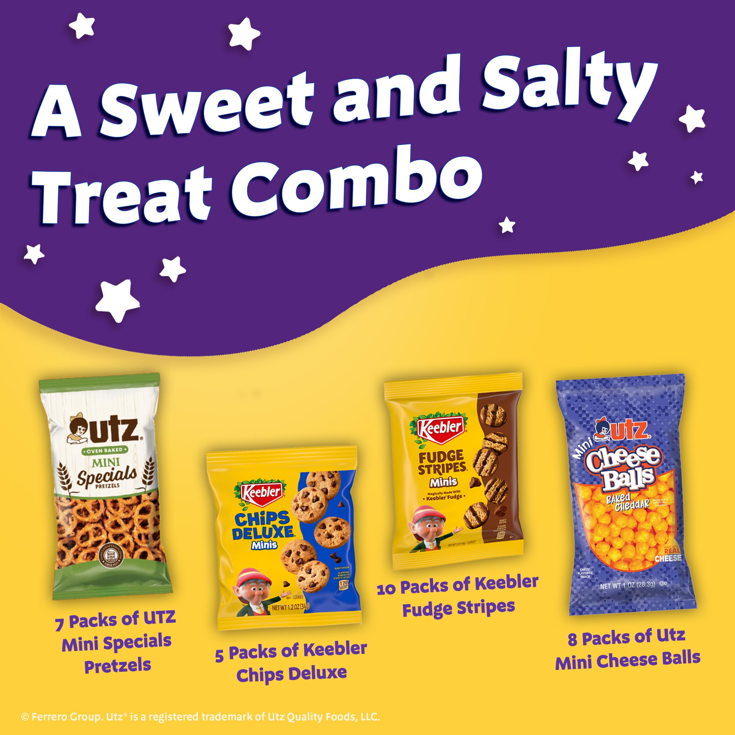 Keebler Sweet & Salty Variety Pack, 30-Count Box, Includes Keebler Chips Deluxe, Fudge Stripes, Utz mini Pretzels and Cheese Balls, 31 oz