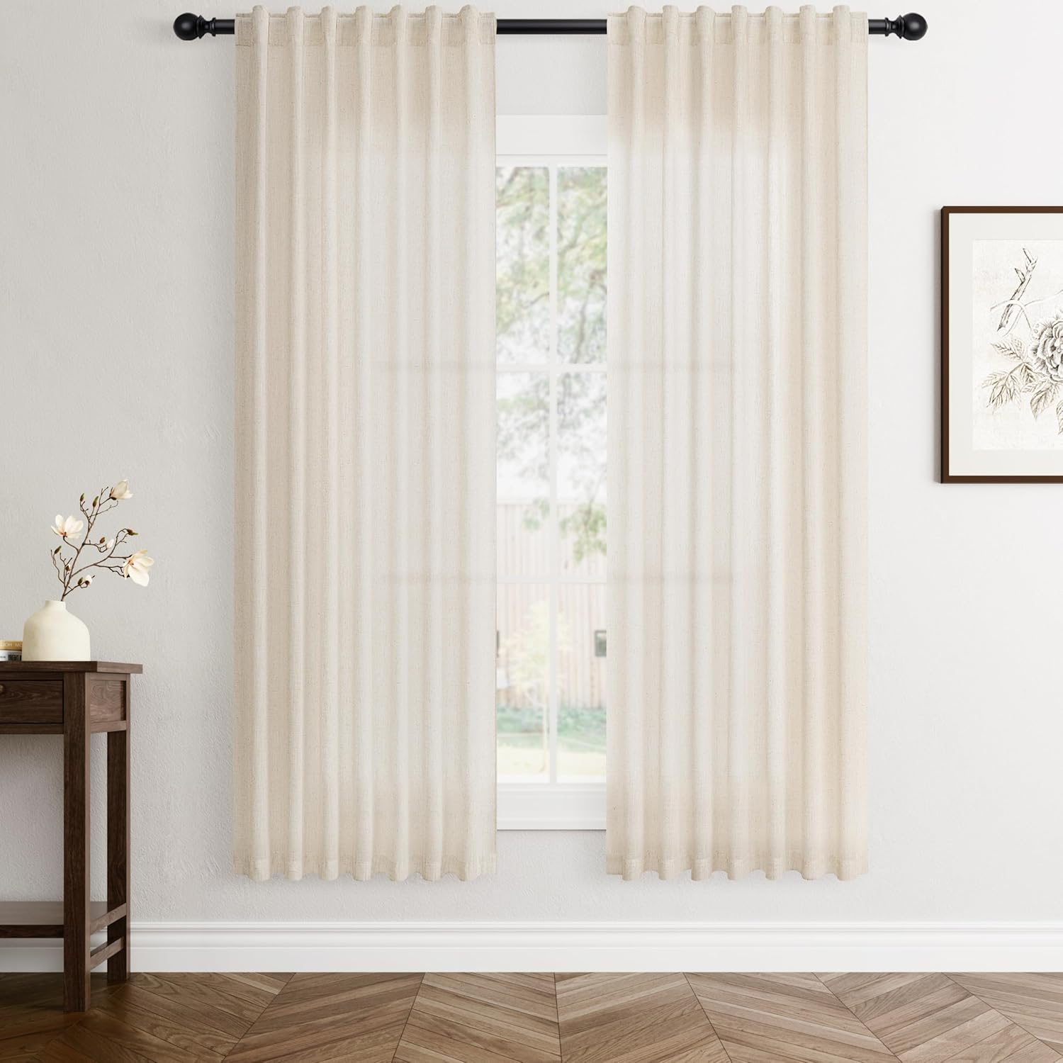 Linen White Curtains 84 inches Long for Bedroom Back Tab Privacy Light Filtering Semi Sheer White Boho Farmhouse Curtain Textured Modern Elegant Coastal Decor Curtains for Living Room