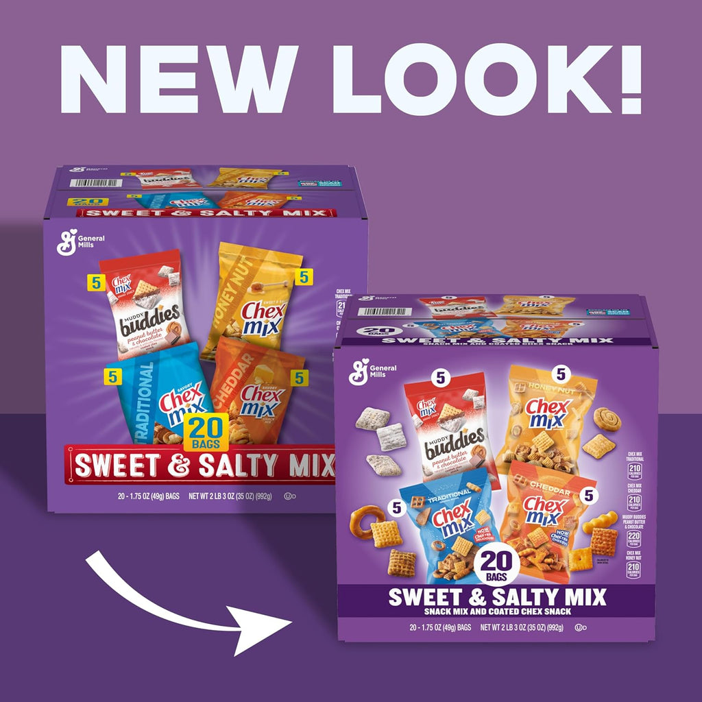 Sweet and Salty Snack Variety Pack, Muddy Buddies Peanut Butter and Chocolate, Chex Mix Traditional, Cheddar, and Honey Nut, 20 Ct, 35 oz