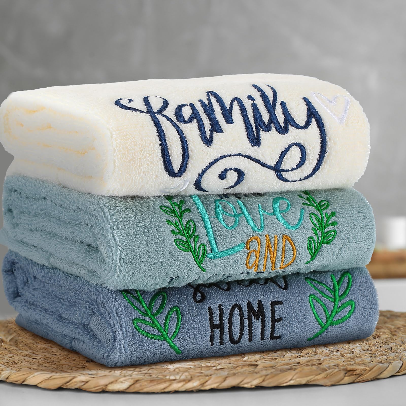3 Pcs Home Love Family Hand Towels Farmhouse Decorative Embroidered Bathroom Hand Towels Rustic 100% Cotton Brown Hand Towels Set for Boho Bathroom Kitchen Decor