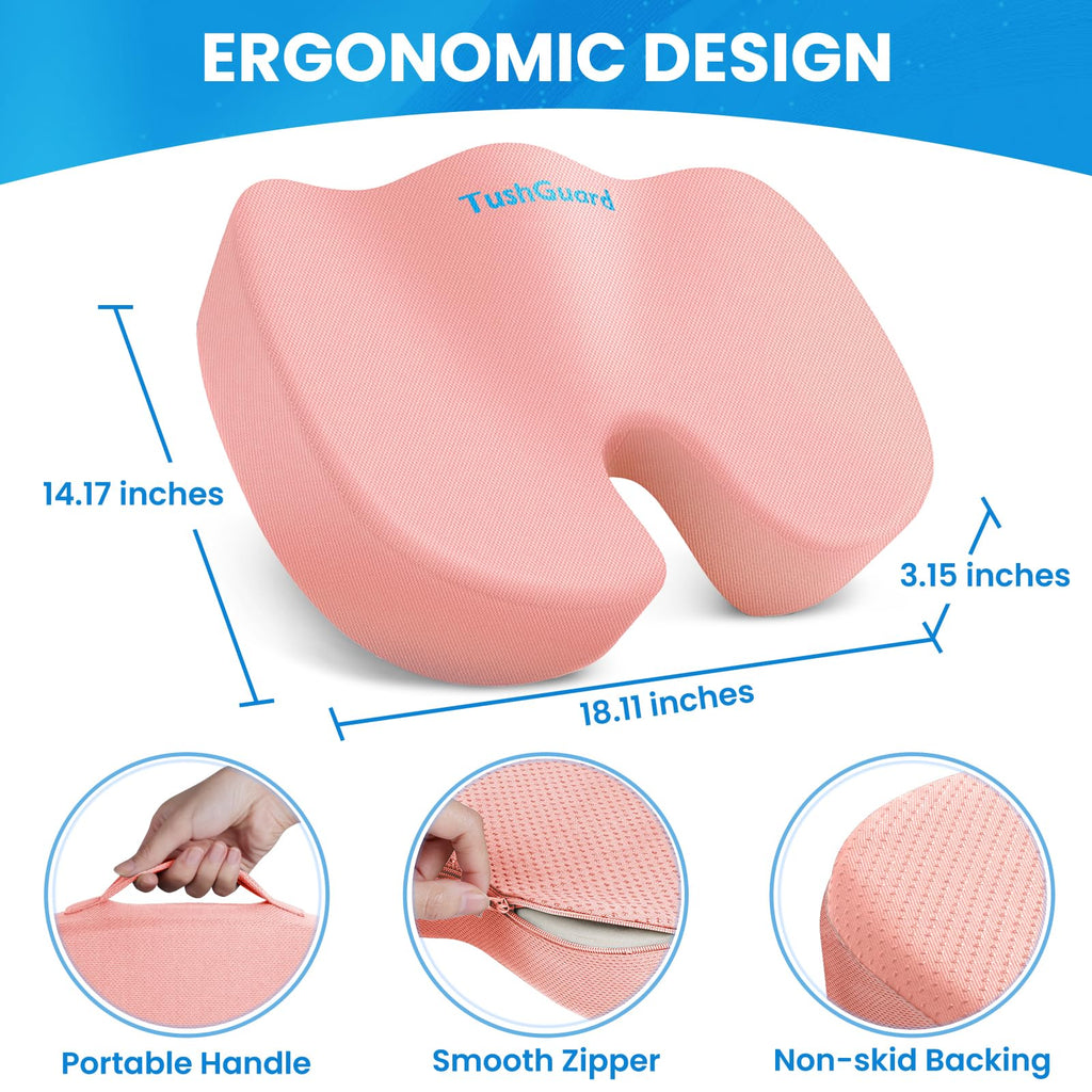 TushGuard Seat Cushion for Office Chair Memory Foam Non-Slip Cushion Back, Relief Chair Pad, Butt Pillow for Office Chair, Car, Computer Desk, Black