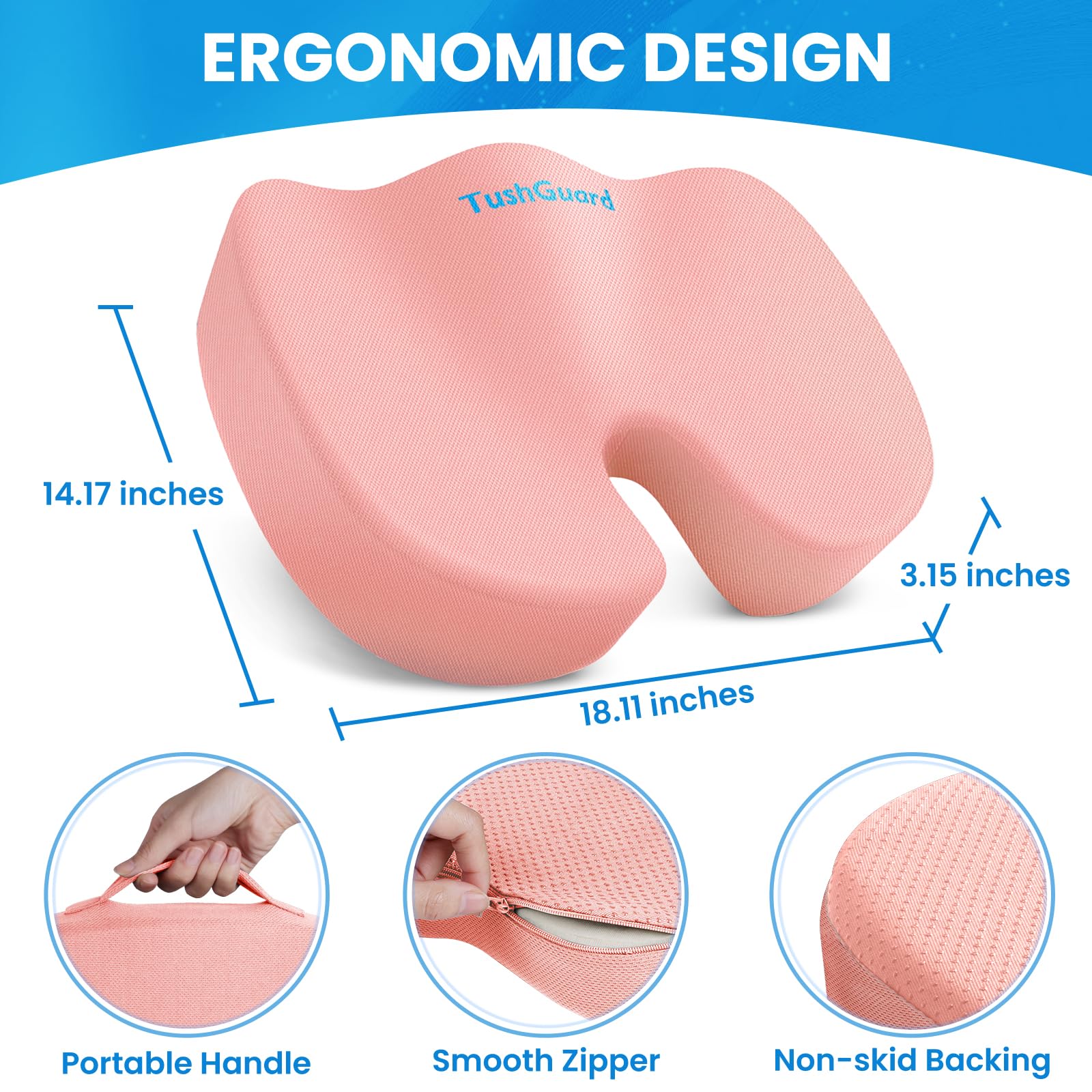 TushGuard Seat Cushion for Office Chair Memory Foam Non-Slip Cushion Back, Relief Chair Pad, Butt Pillow for Office Chair, Car, Computer Desk, Black