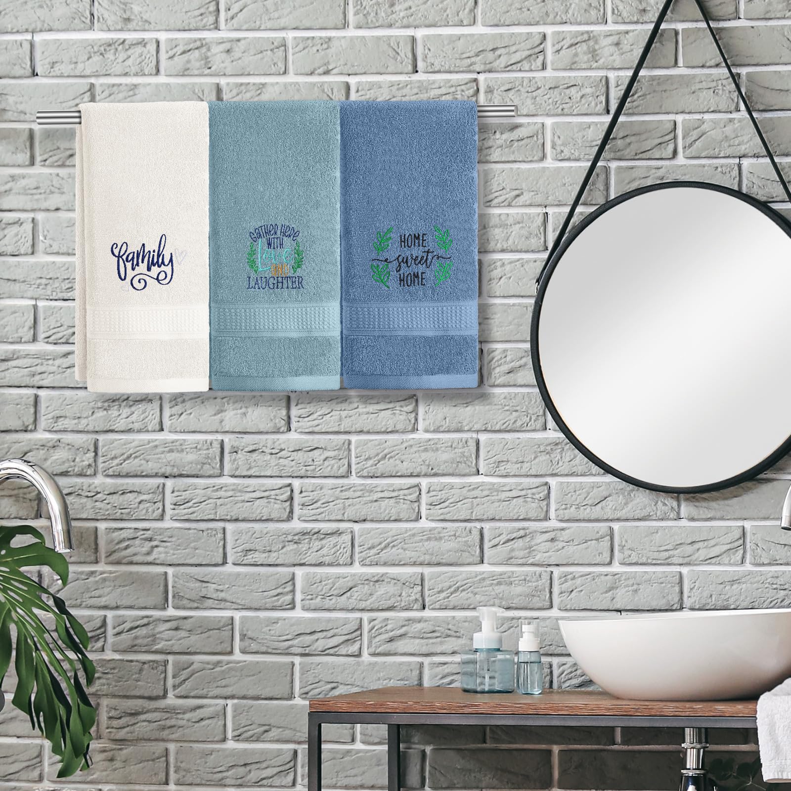 3 Pcs Home Love Family Hand Towels Farmhouse Decorative Embroidered Bathroom Hand Towels Rustic 100% Cotton Brown Hand Towels Set for Boho Bathroom Kitchen Decor