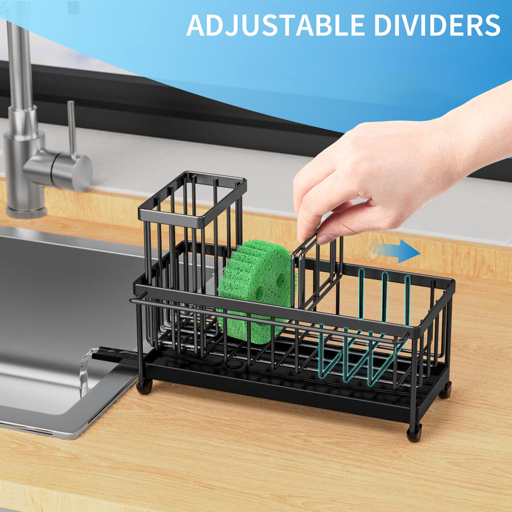 Cisily Black Sponge Holder for Kitchen Sink, Sink Caddy Organizer with High Brush Holder, Kitchen Countertop Organizers and Storage Essentials, Rustproof 304 Stainless Steel, Soap Dispenser Organize