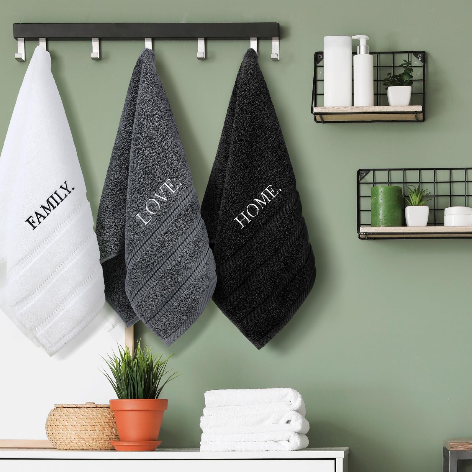 3 Pcs Home Love Family Hand Towels Farmhouse Decorative Embroidered Bathroom Hand Towels Rustic 100% Cotton Brown Hand Towels Set for Boho Bathroom Kitchen Decor