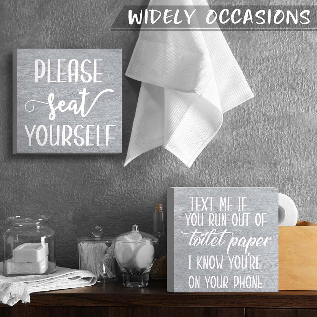 Jetec 2 Pieces Farmhouse Bathroom Signs Decor Wooden Box Sign Funny Bathroom Wall Art Rustic Wood Plaque Please Seat Yourself Decor for Home Restroom(Black)
