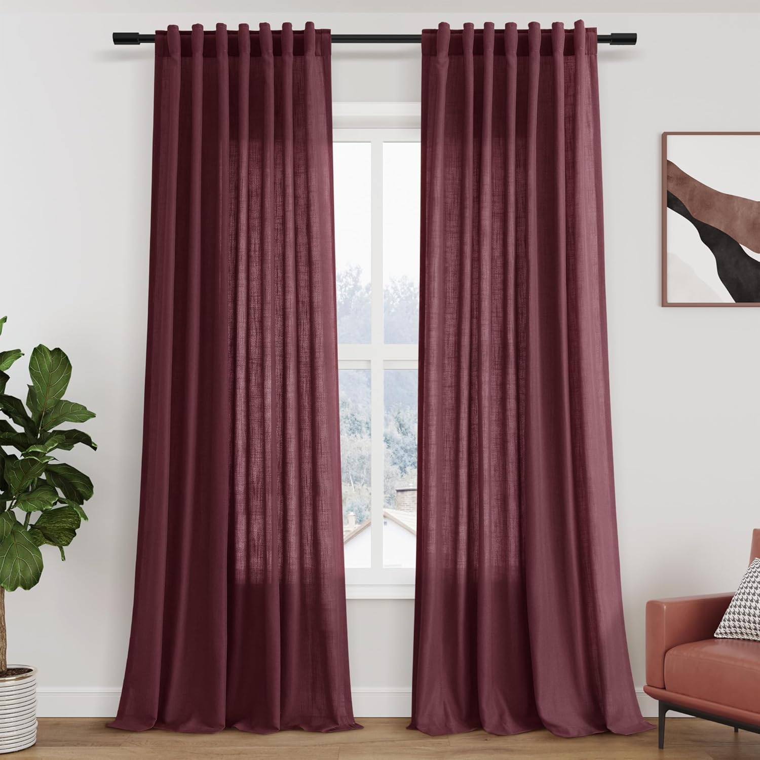 Nanspring Burgundy Linen Curtains 84 Inch Length 2 Panels Set for Living Room Rod Pocket Back Tab Light Filtering Window Drapes for Bedroom Dining Room Protect Privacy Modern Farmhouse Decor 52x84