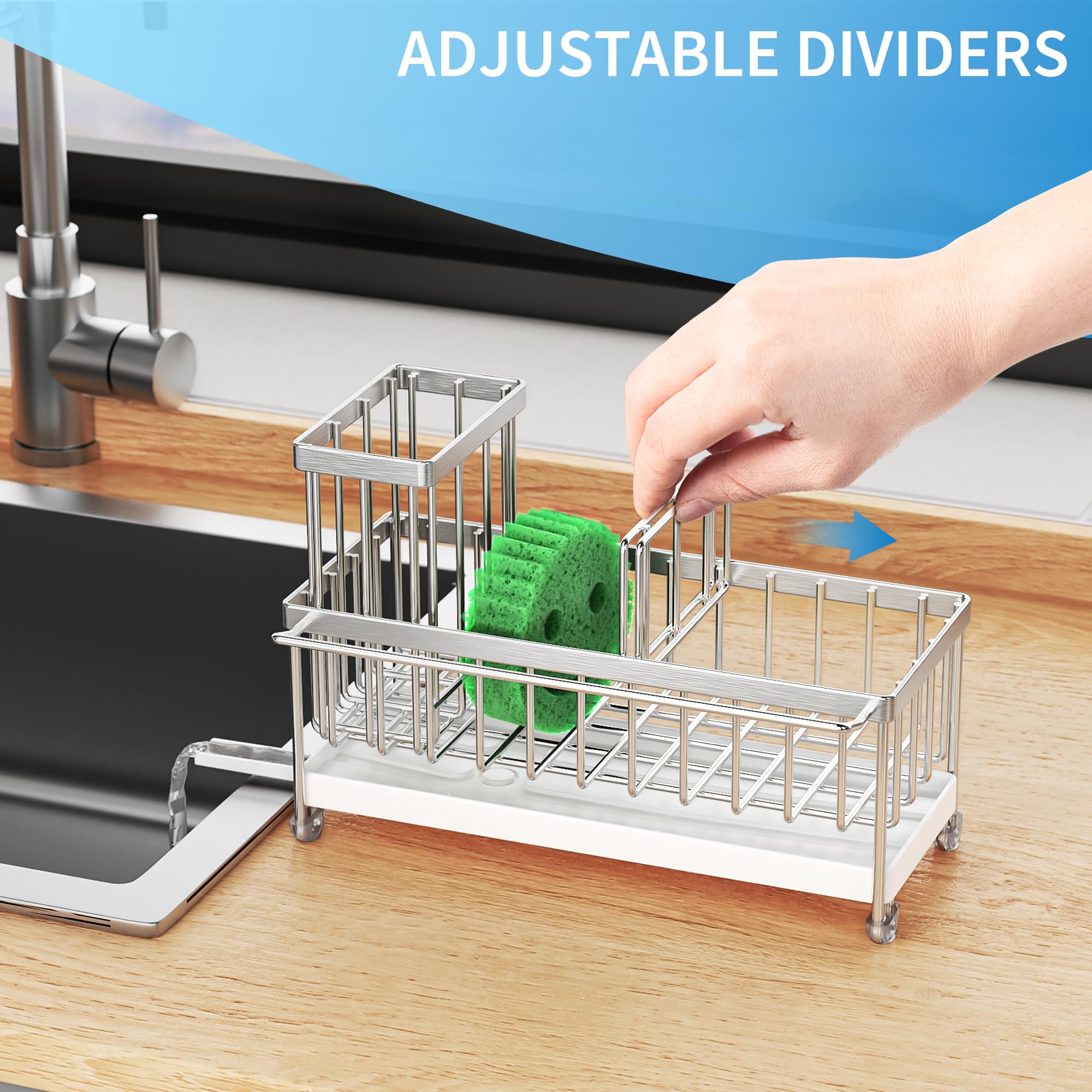 Cisily Black Sponge Holder for Kitchen Sink, Sink Caddy Organizer with High Brush Holder, Kitchen Countertop Organizers and Storage Essentials, Rustproof 304 Stainless Steel, Soap Dispenser Organize