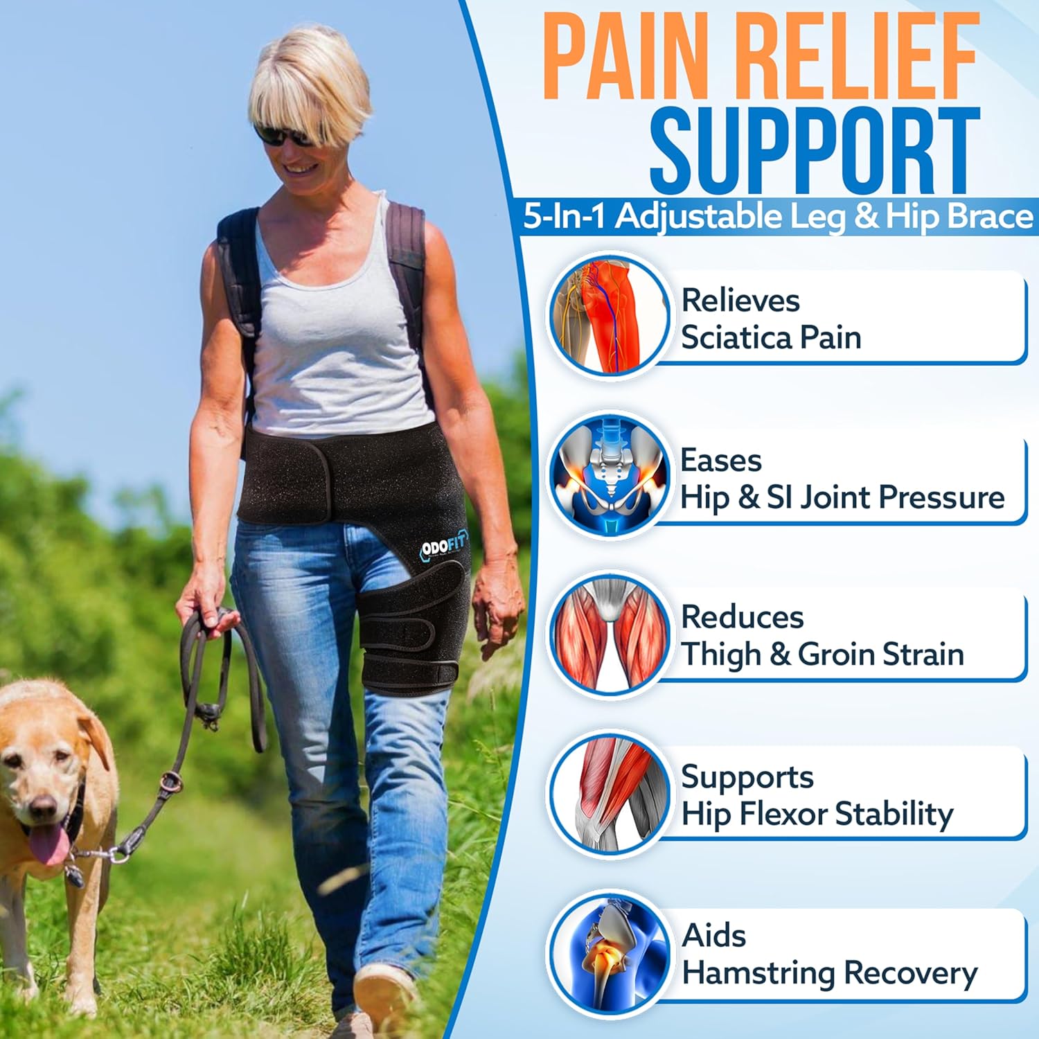5 in 1 Hip Brace for Women Men Sciatica Pain Relief Devices - Adjustable Groin, Hip Flexor Compression Wrap for Comfortable Thigh, Hamstring & Sciatic Nerve Support, Improved Mobility & Recovery