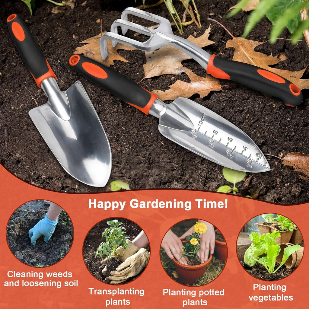 Garden Tools Set, 3 Pack Heavy Duty Gardening Tools Set Include Garden Shovel, Transplant Trowel and Hand Rake with Ergonomic Non-Slip Handle, Aluminum Alloy Lawn and Garden Hand Tools for Planting