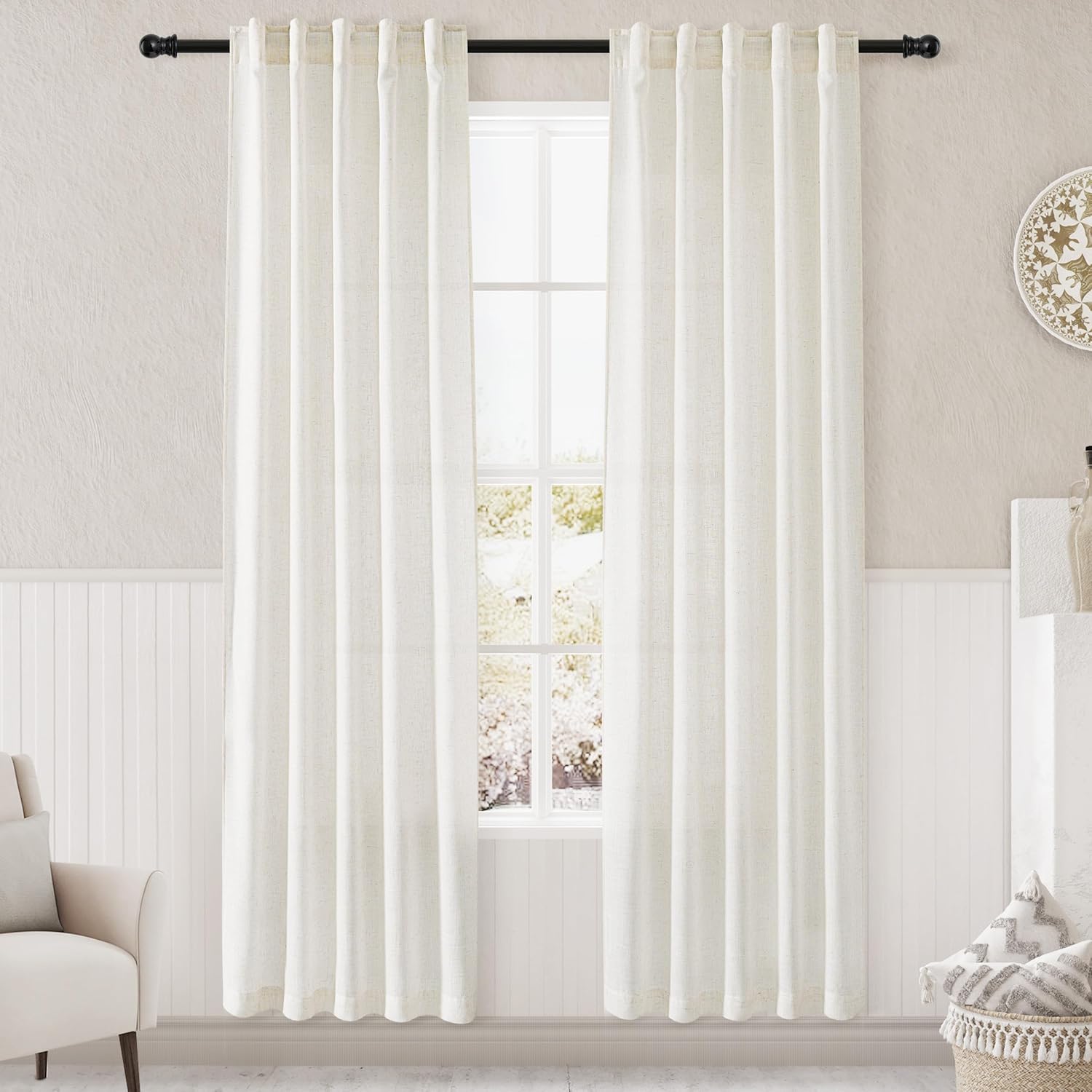 Nanspring Burgundy Linen Curtains 84 Inch Length 2 Panels Set for Living Room Rod Pocket Back Tab Light Filtering Window Drapes for Bedroom Dining Room Protect Privacy Modern Farmhouse Decor 52x84