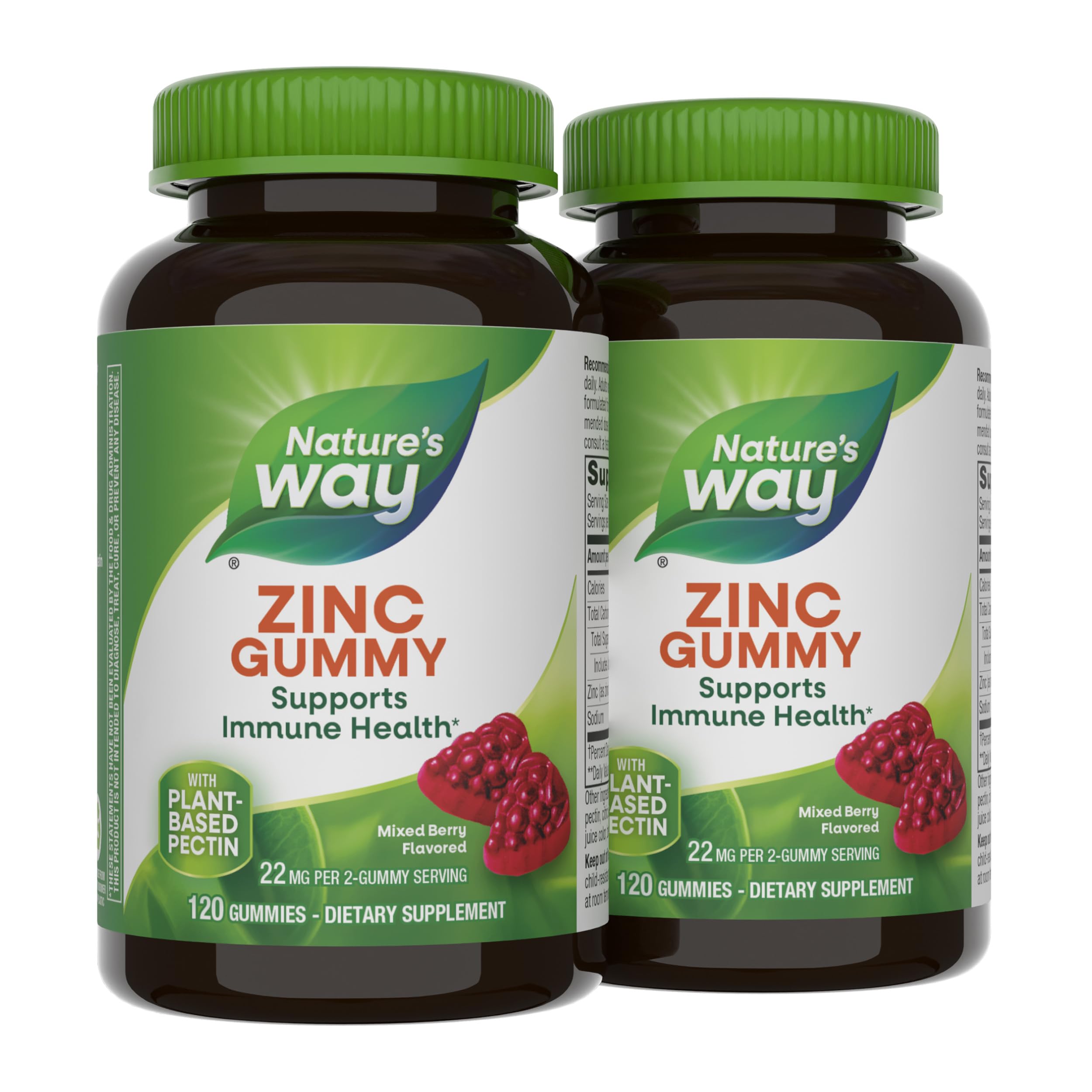 Nature's Way Zinc Gummies, Immune Support Gummy with 100% Daily Value of Zinc per 1-Gummy Serving*, Adults & Kids 9+, Gluten Free, Plant-Based Pectin, Mixed Berry Flavored, 120 Gummies (Set of 2)