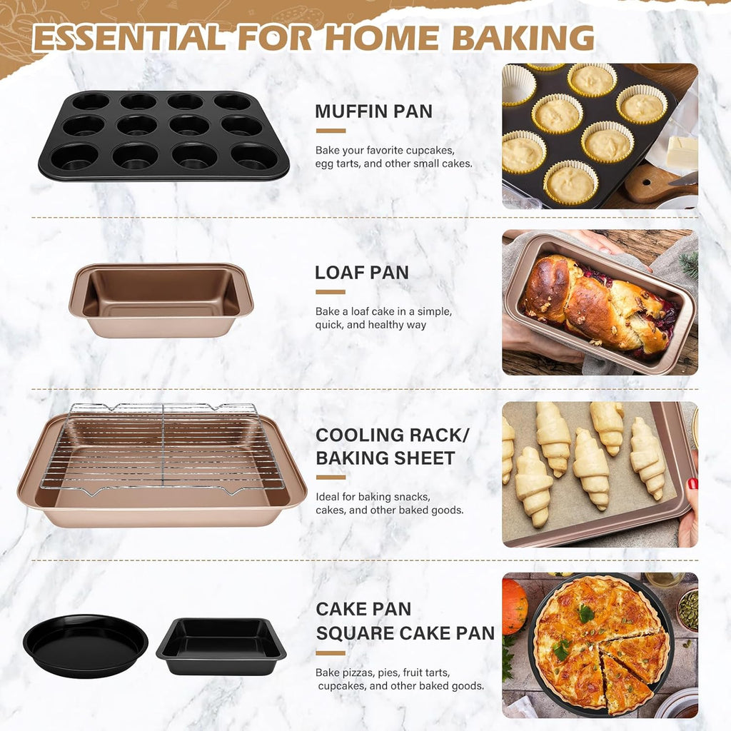 15pcs Nonstick Bakeware Set with Cooling Rack & Accessories, Baking Pan Set Includes Muffin Pan, Cake Pans, Loaf Pan, Baking Sheet, Measuring Cups & Tongs – Oven Safe Metal Bakeware for Home Baking