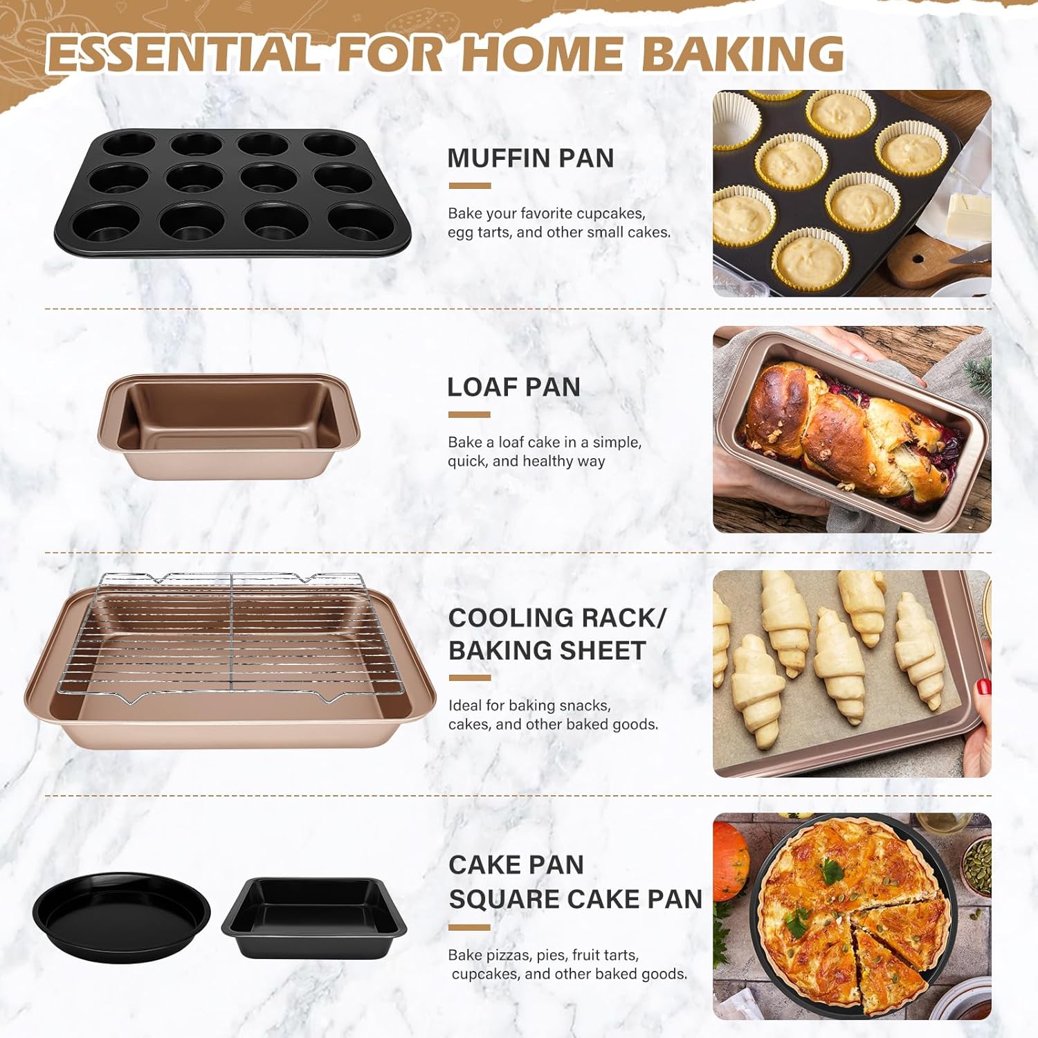 15pcs Nonstick Bakeware Set with Cooling Rack & Accessories, Baking Pan Set Includes Muffin Pan, Cake Pans, Loaf Pan, Baking Sheet, Measuring Cups & Tongs – Oven Safe Metal Bakeware for Home Baking