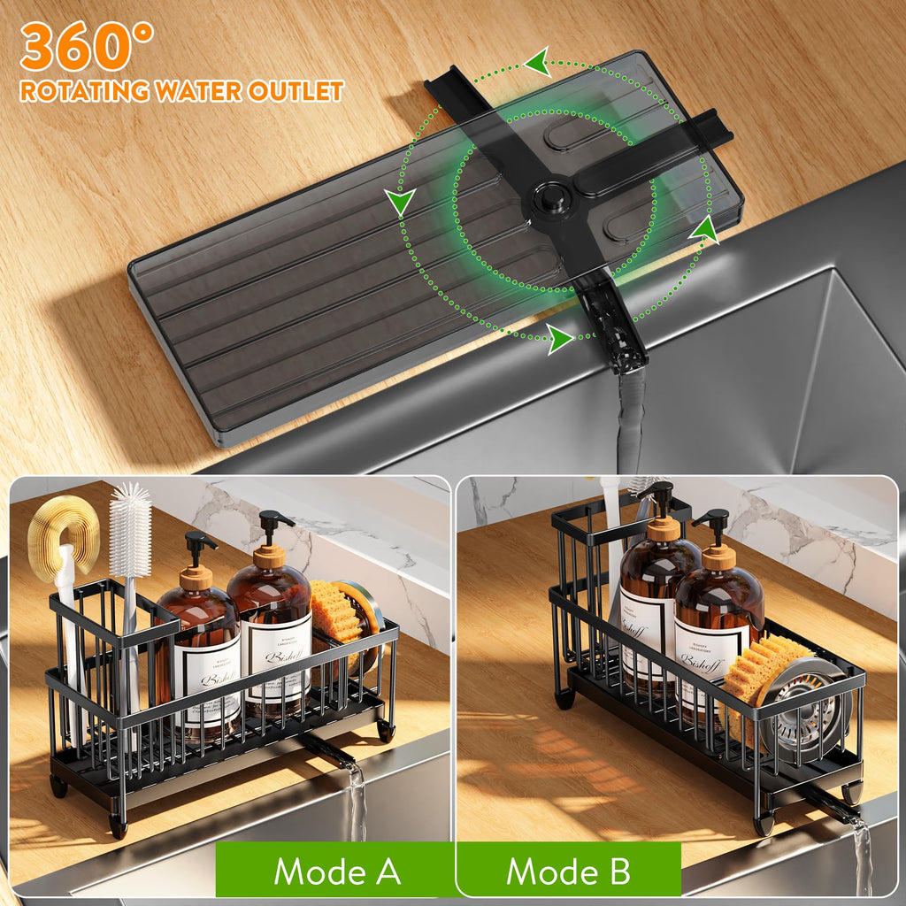 Cisily Black Sponge Holder for Kitchen Sink, Sink Caddy Organizer with High Brush Holder, Kitchen Countertop Organizers and Storage Essentials, Rustproof 304 Stainless Steel, Soap Dispenser Organize