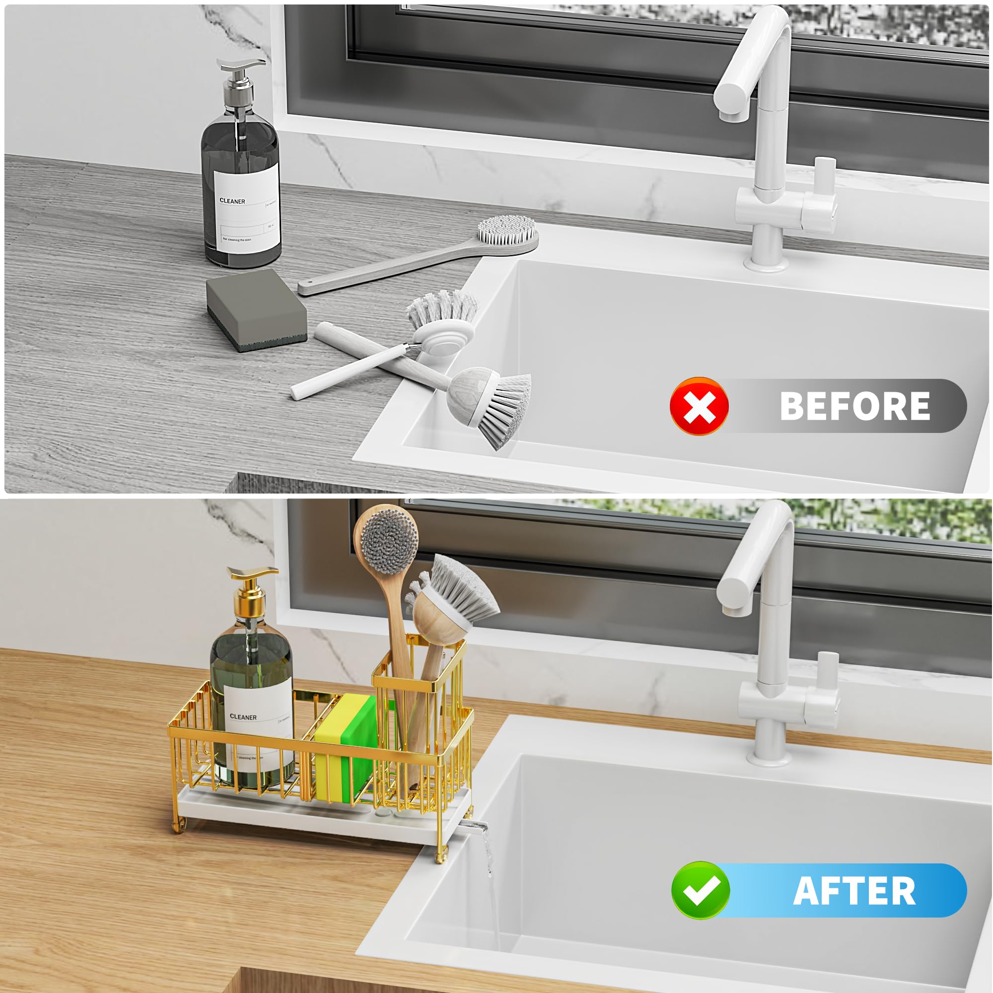 Cisily Black Sponge Holder for Kitchen Sink, Sink Caddy Organizer with High Brush Holder, Kitchen Countertop Organizers and Storage Essentials, Rustproof 304 Stainless Steel, Soap Dispenser Organize