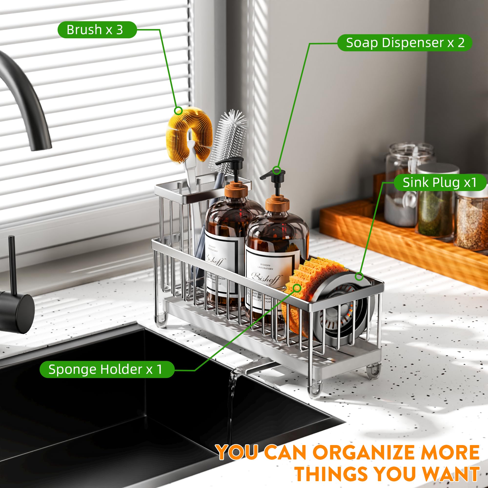 Cisily Black Sponge Holder for Kitchen Sink, Sink Caddy Organizer with High Brush Holder, Kitchen Countertop Organizers and Storage Essentials, Rustproof 304 Stainless Steel, Soap Dispenser Organize