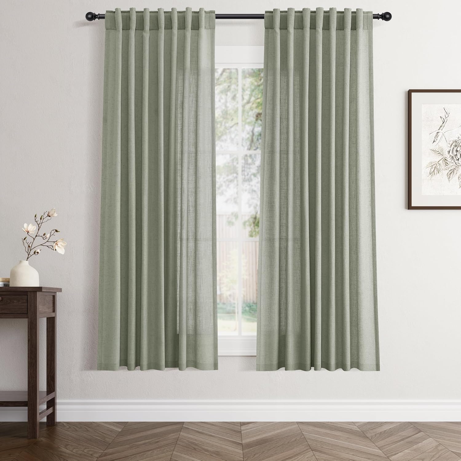 Linen White Curtains 84 inches Long for Bedroom Back Tab Privacy Light Filtering Semi Sheer White Boho Farmhouse Curtain Textured Modern Elegant Coastal Decor Curtains for Living Room