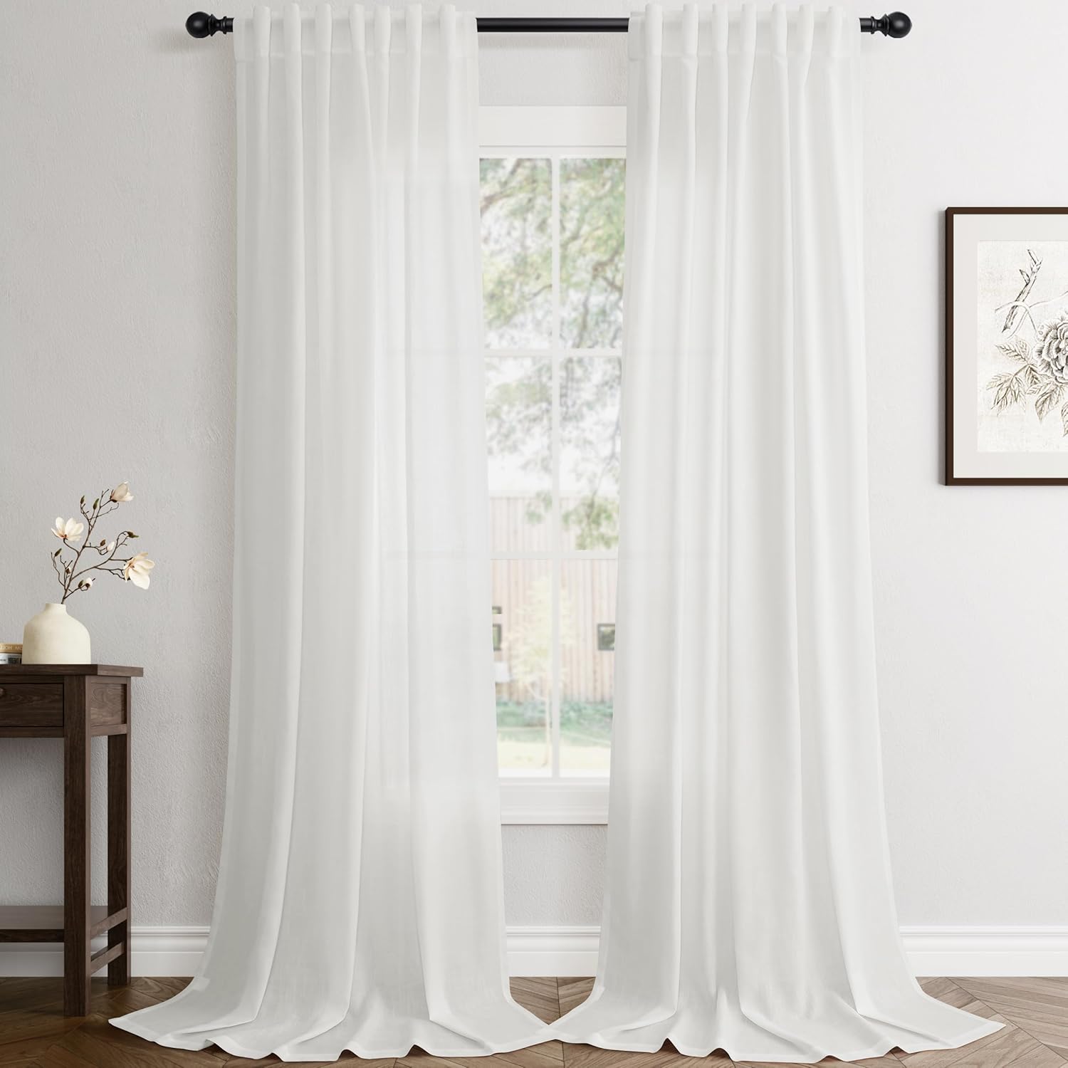 Linen White Curtains 84 inches Long for Bedroom Back Tab Privacy Light Filtering Semi Sheer White Boho Farmhouse Curtain Textured Modern Elegant Coastal Decor Curtains for Living Room