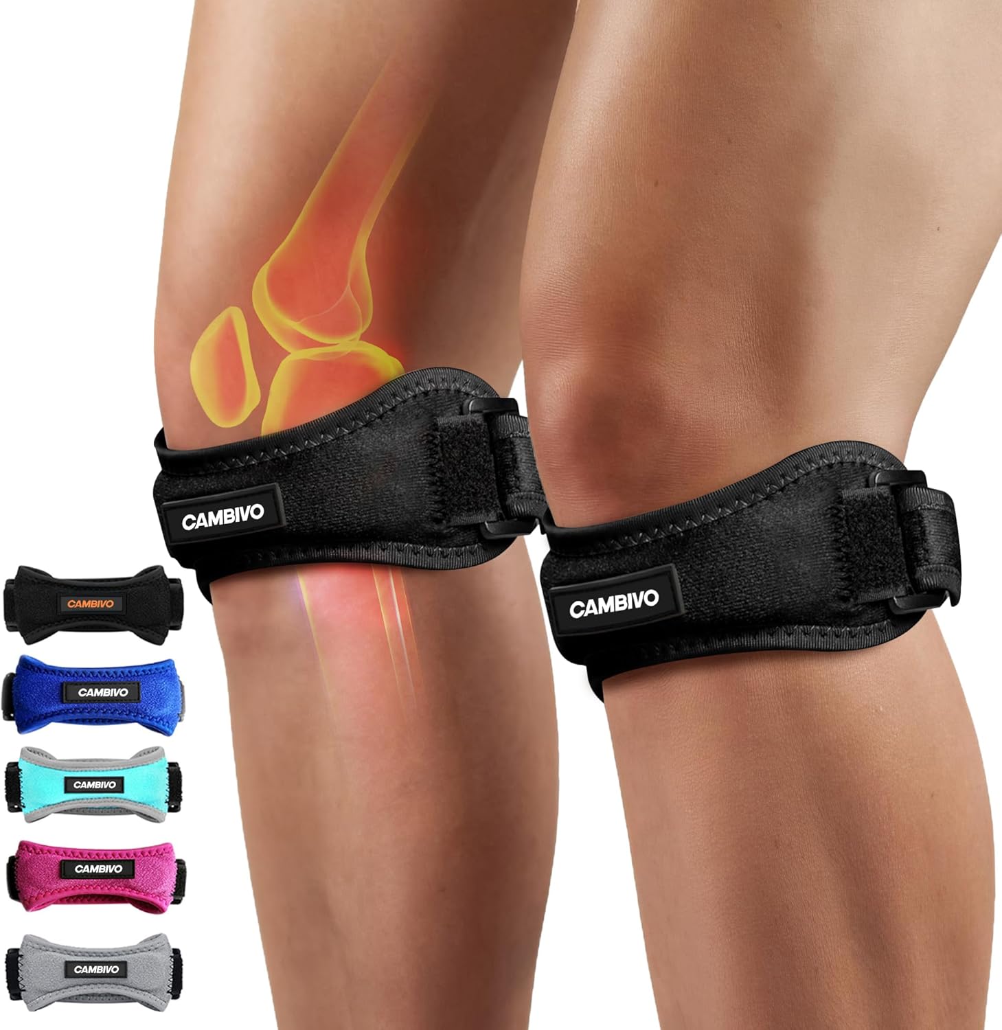 CAMBIVO 2 Pack Knee Braces for Women and Men, Patella Knee Support Strap, for Tendonitis, Basketball, Running, Hiking, Volleyball, Tennis, Squats
