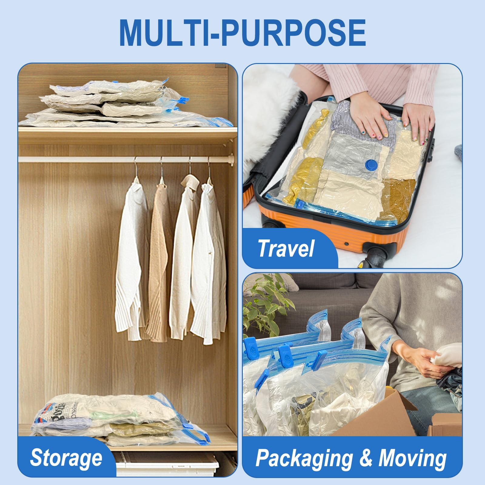 Fygrip 20 Pack Vacuum Storage Bags with Hand Pump, 4 Jumbo + 4 Large + 4 Medium + 8 Small Plastic Packaging Bags, 80% Space Saver Vacuum Seal Bags for Clothing, Travel Lugggage, Blankets, Comforters