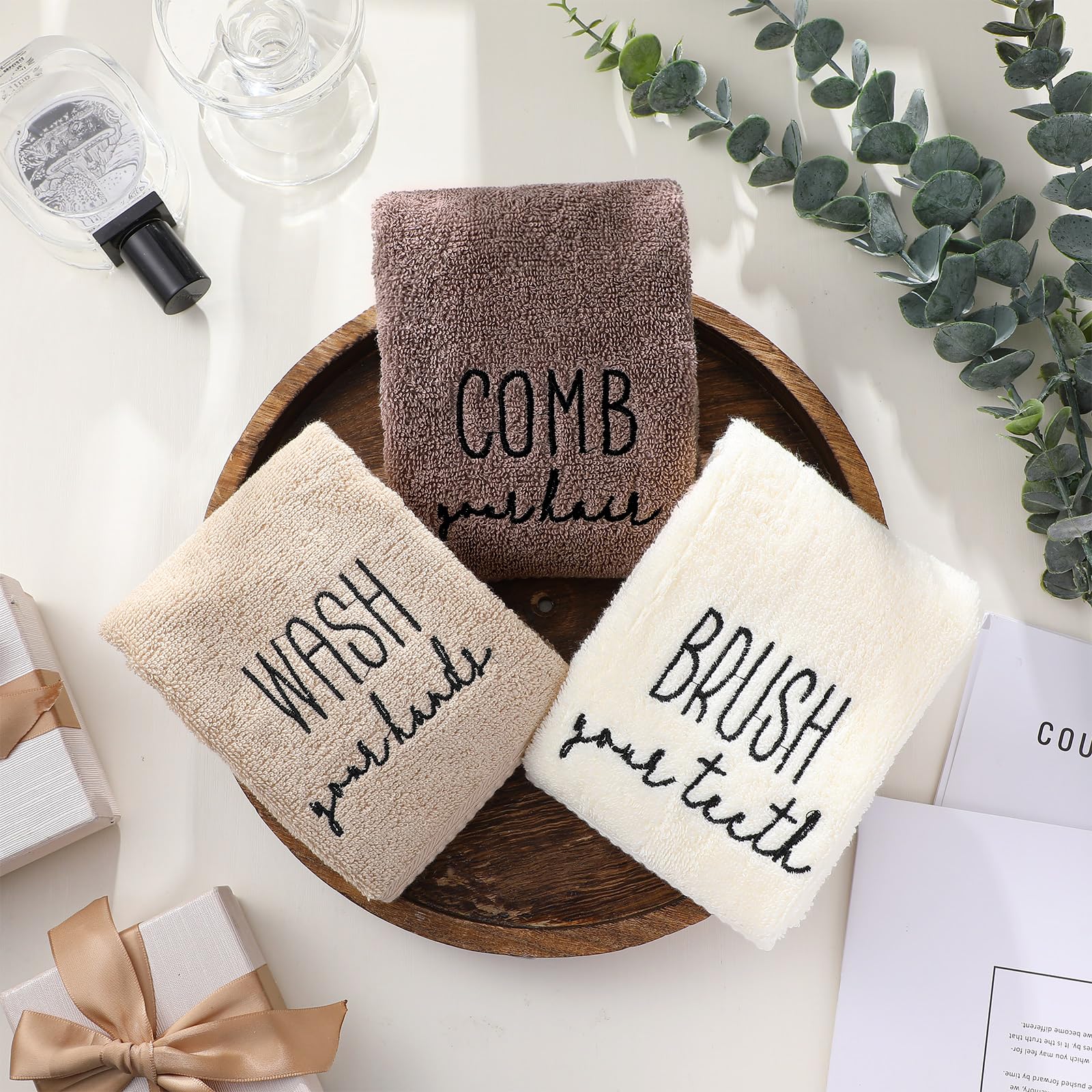 3 Pcs Home Love Family Hand Towels Farmhouse Decorative Embroidered Bathroom Hand Towels Rustic 100% Cotton Brown Hand Towels Set for Boho Bathroom Kitchen Decor