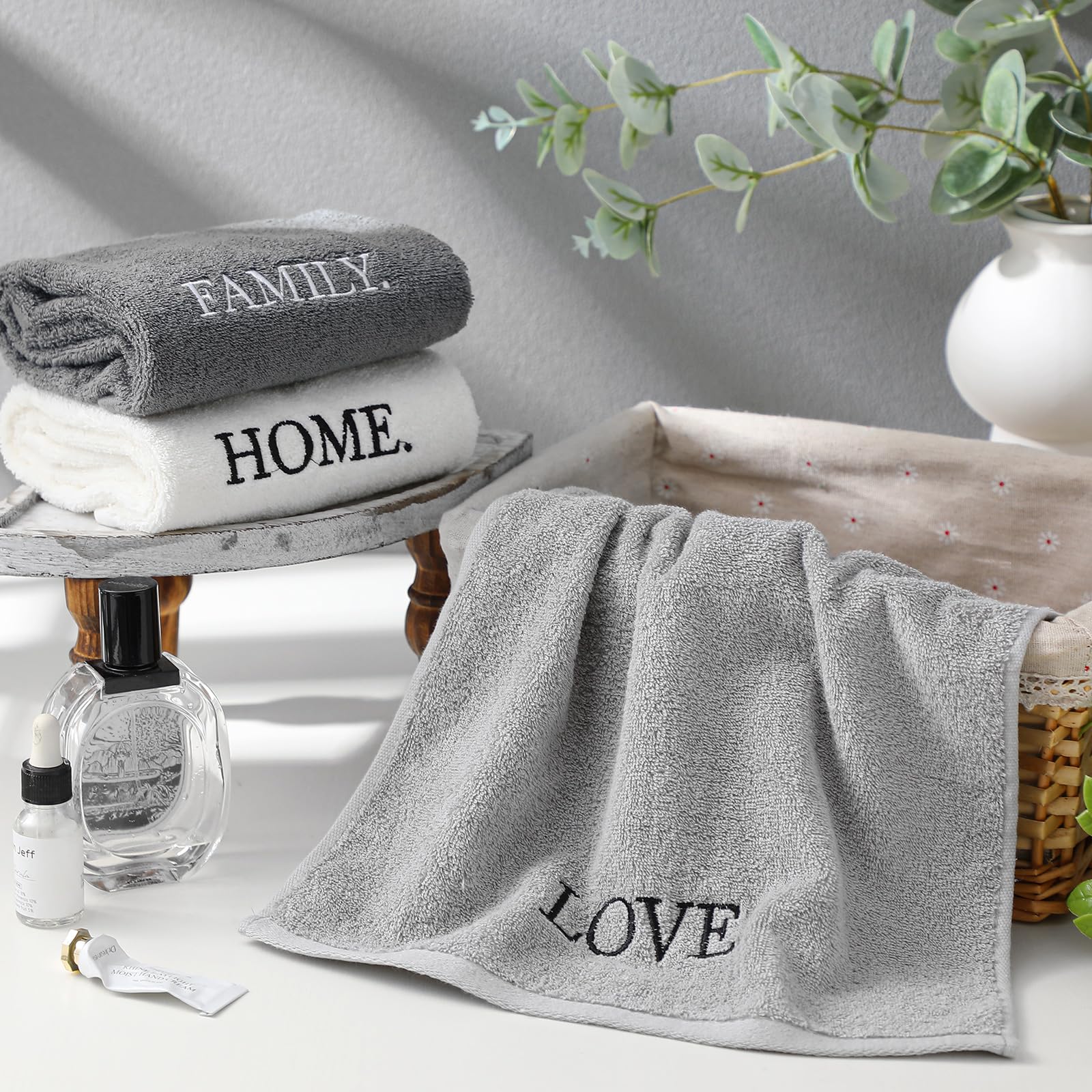3 Pcs Home Love Family Hand Towels Farmhouse Decorative Embroidered Bathroom Hand Towels Rustic 100% Cotton Brown Hand Towels Set for Boho Bathroom Kitchen Decor