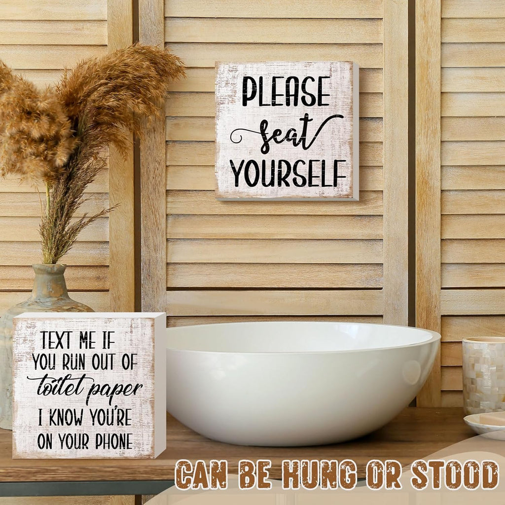 Jetec 2 Pieces Farmhouse Bathroom Signs Decor Wooden Box Sign Funny Bathroom Wall Art Rustic Wood Plaque Please Seat Yourself Decor for Home Restroom(Black)