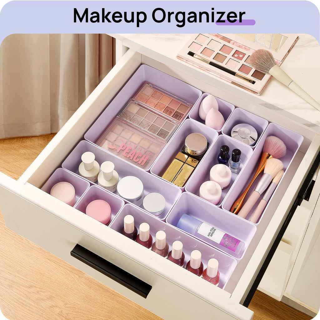 Vtopmart 25 PCS Clear Plastic Drawer Organizers Set, 4-Size Versatile Bathroom and Vanity Drawer Organizer Trays, Storage Bins for Makeup, Bedroom, Kitchen Gadgets Utensils and Office