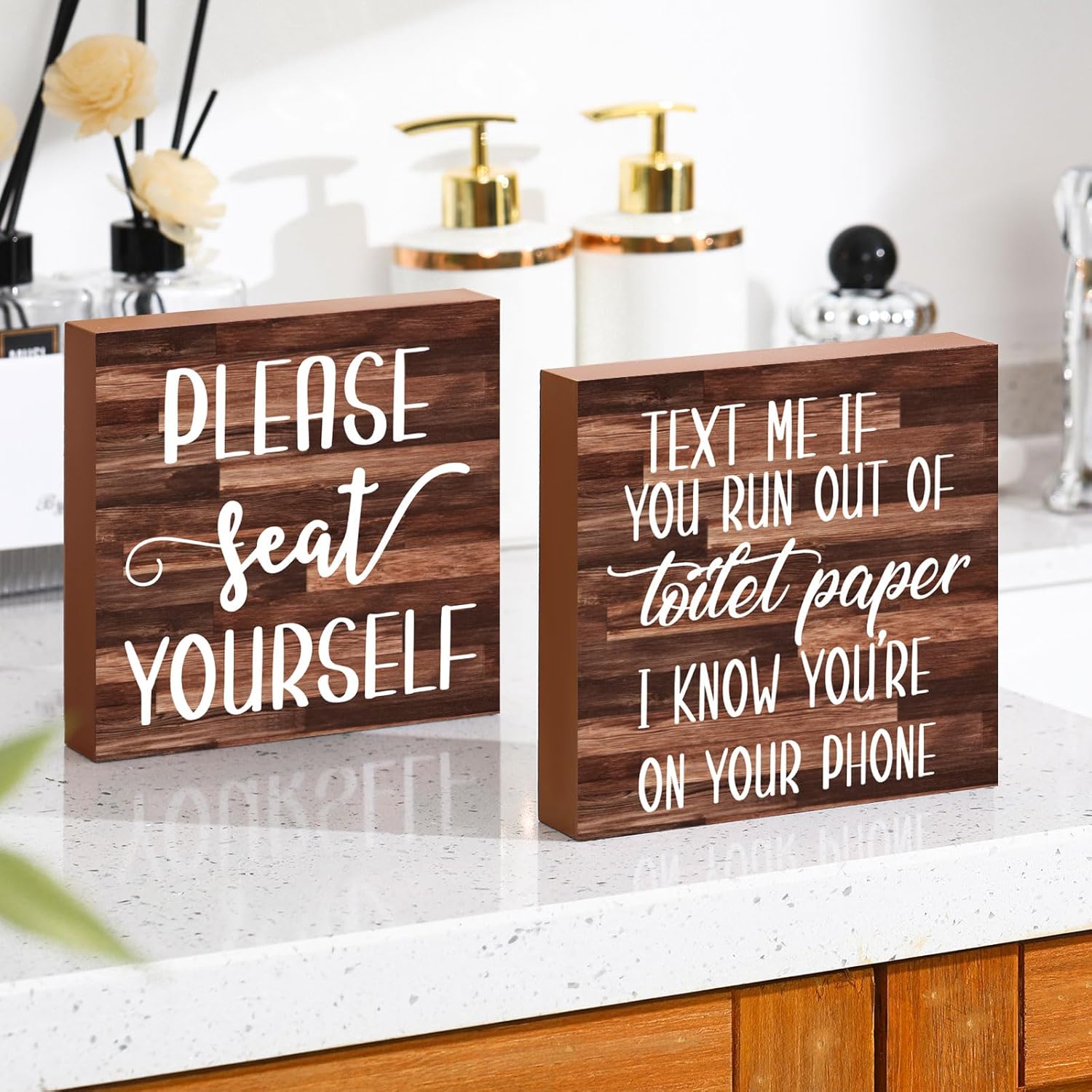 Jetec 2 Pieces Farmhouse Bathroom Signs Decor Wooden Box Sign Funny Bathroom Wall Art Rustic Wood Plaque Please Seat Yourself Decor for Home Restroom(Black)