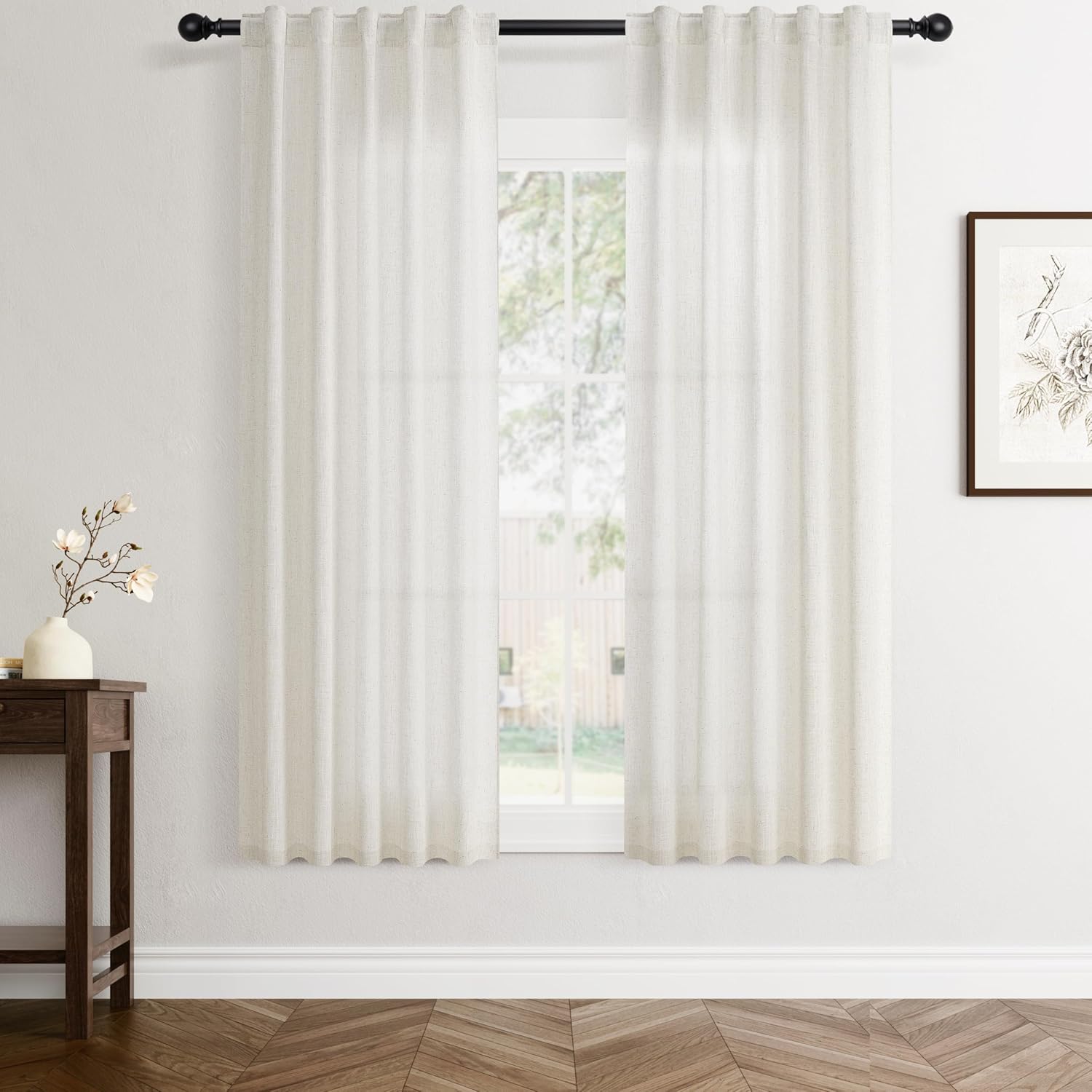 Linen White Curtains 84 inches Long for Bedroom Back Tab Privacy Light Filtering Semi Sheer White Boho Farmhouse Curtain Textured Modern Elegant Coastal Decor Curtains for Living Room