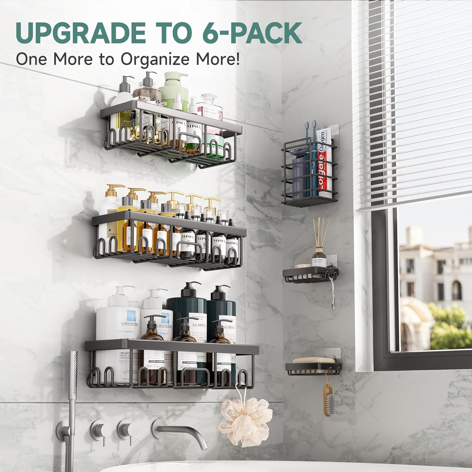 Veken Shower Caddy 6-Pack, Advanced Rustproof Design, No Drilling Adhesive Shelves, Rack with Soap Holder, Large Capacity Bathroom Organizers and Storage, Wall-Mounted Kitchen & Home Decor