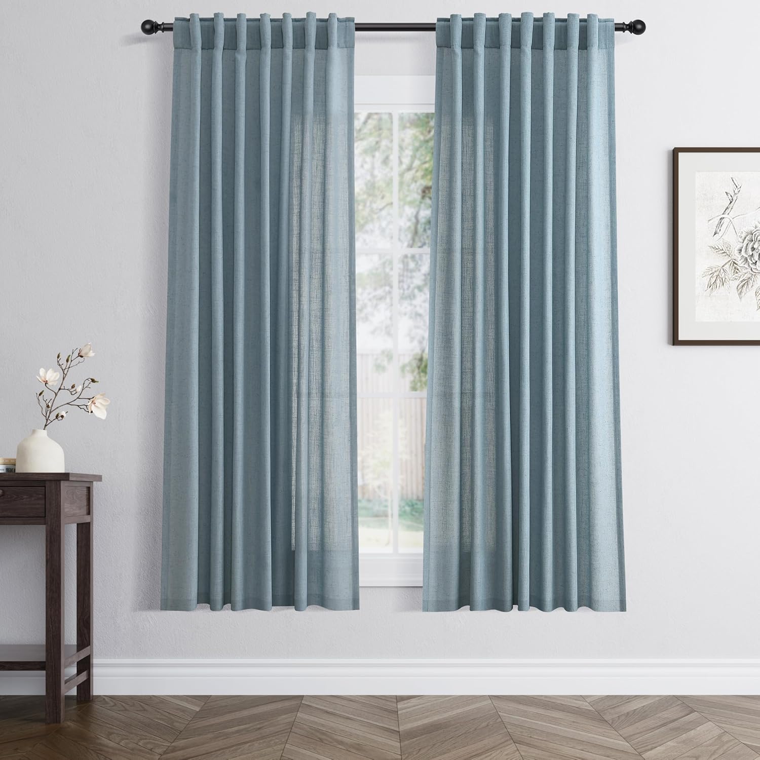 Rustic Brown Linen Back Tab Curtains 84 Inch Length for Living Room 2 Panel Pocket Drape Light Filtering Semi Sheer Cream Country Rustic Farmhouse Boho Curtain Bedroom Pinch Pleated Look