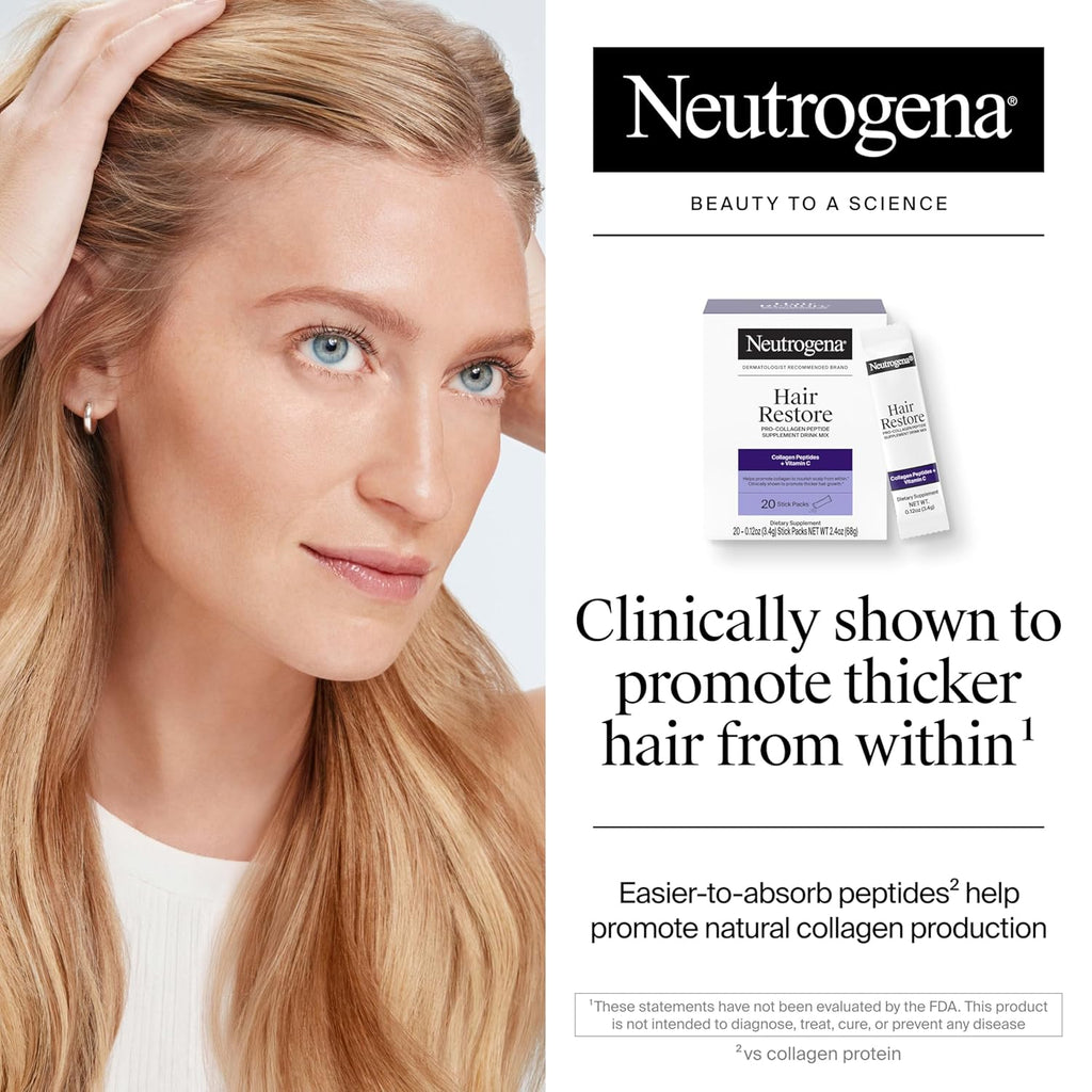 Neutrogena Hair Restore Pro-Collagen Peptide Supplement, Powder Drink Mix with Vitamin C Supports Keratin Production, Nourishes Scalp from Within & Promotes Thicker Hair, 20 Stick Packs